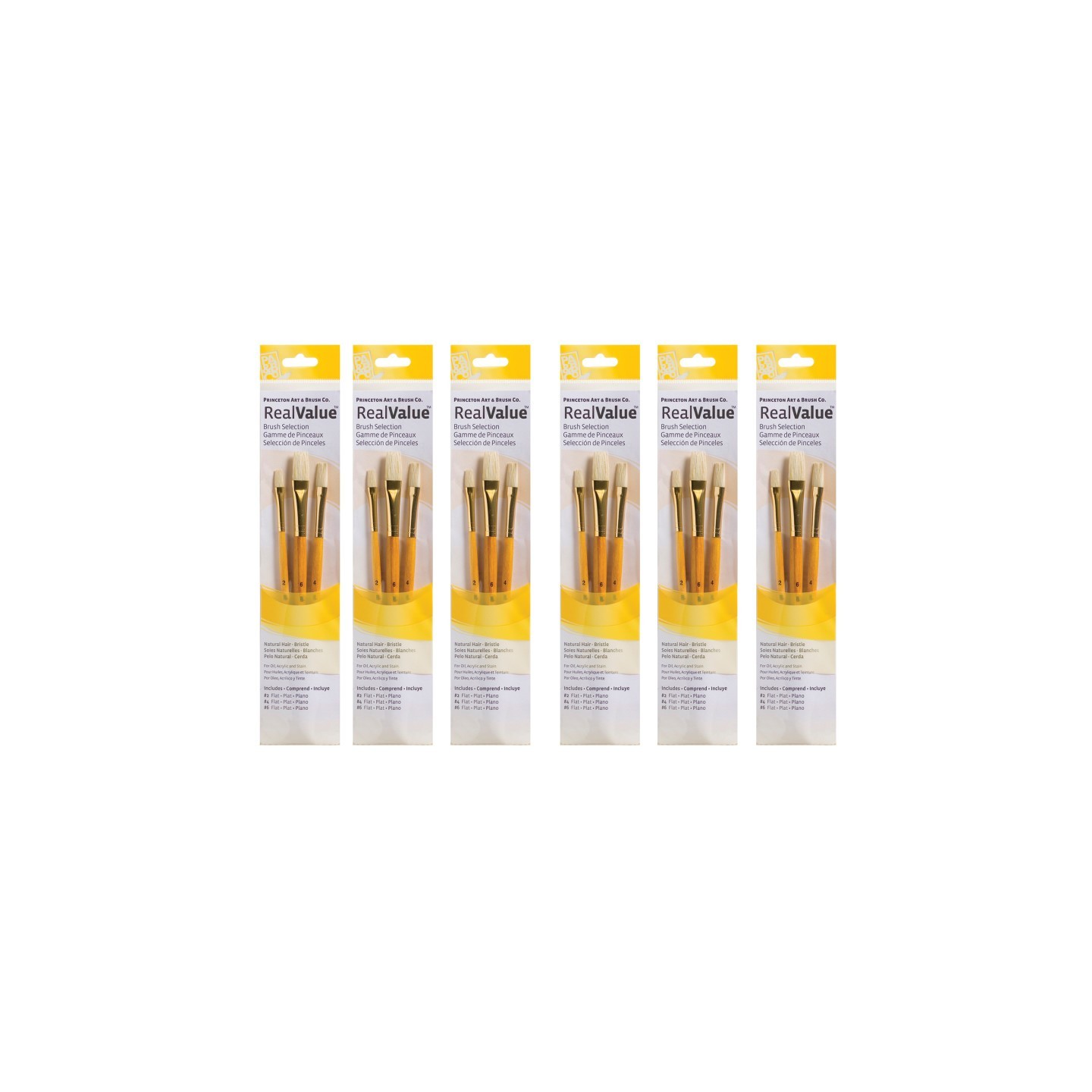 Princeton RealValue Brush Set, Natural Bristles, Short Handle Mixed Media Paintbrush, Yellow, 3 Per Set, 6 Sets