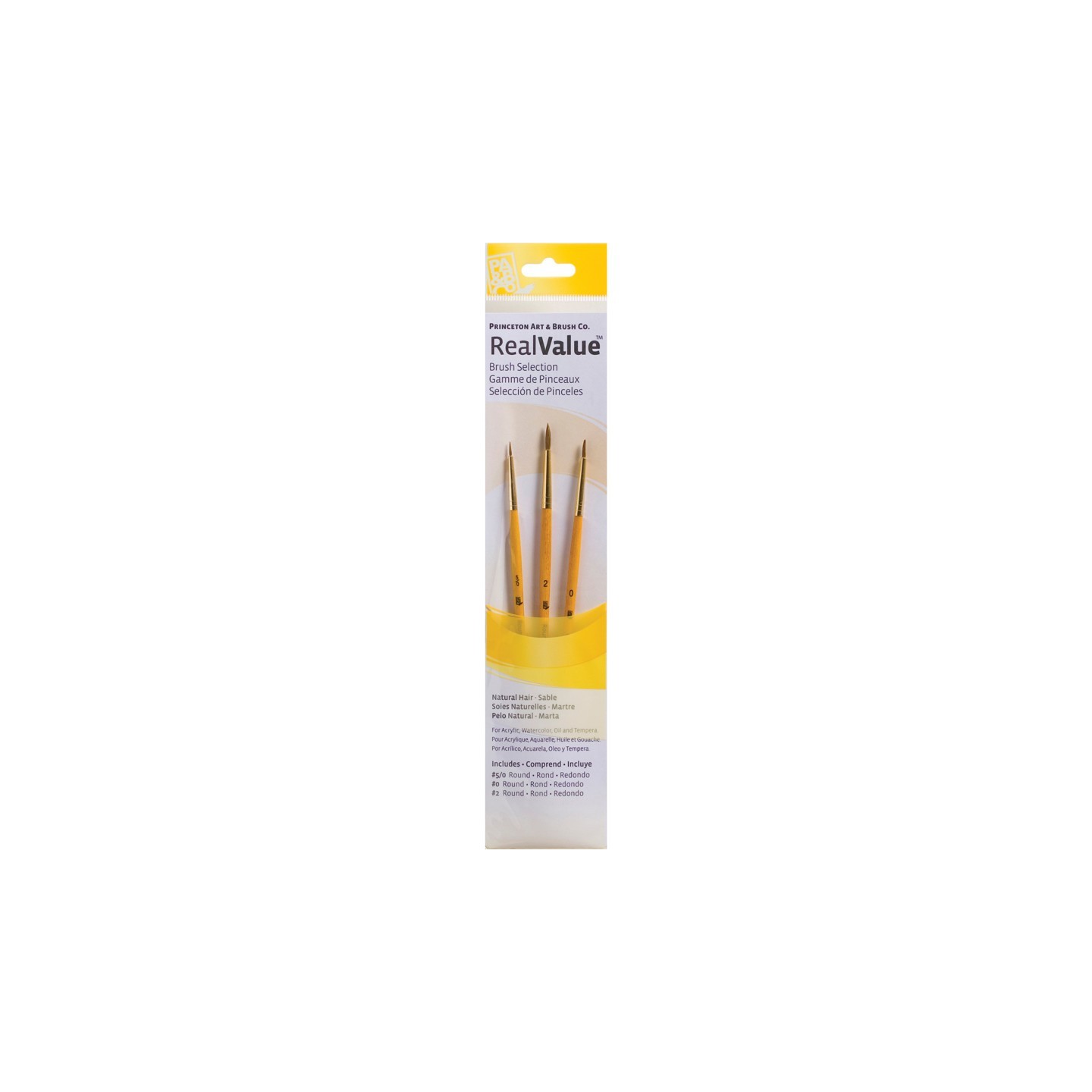 Princeton RealValue Round Brush Set, Camel Bristles, Short Handle Mixed Media Paintbrush, Yellow, 3 Pieces