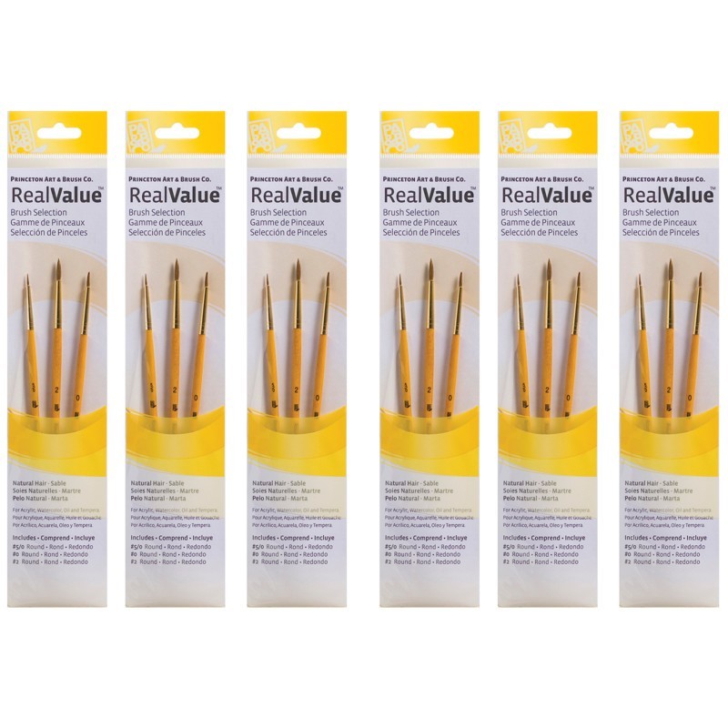 Princeton RealValue Round Brush Set, Camel Bristles, Short Handle Mixed Media Paintbrush, Yellow, 3 Per Set, 6 Sets