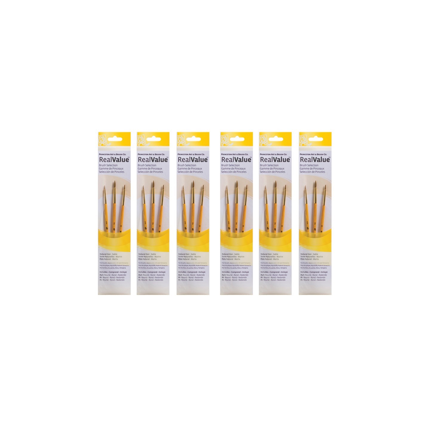 Princeton RealValue Round Brush Set, Camel Bristles, Short Handle Mixed Media Paintbrush, Yellow, 3 Per Set, 6 Sets