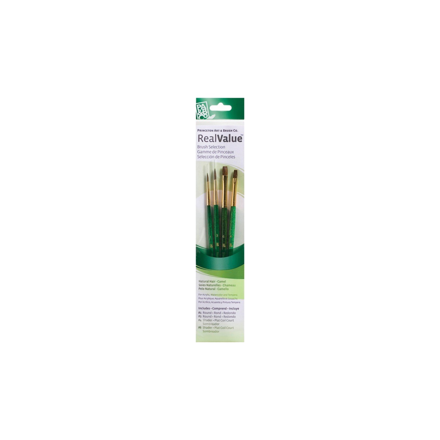 Princeton RealValue Brush Set, Camel Bristles, Short Handle Mixed Media Paintbrush, Green, 4 Pieces