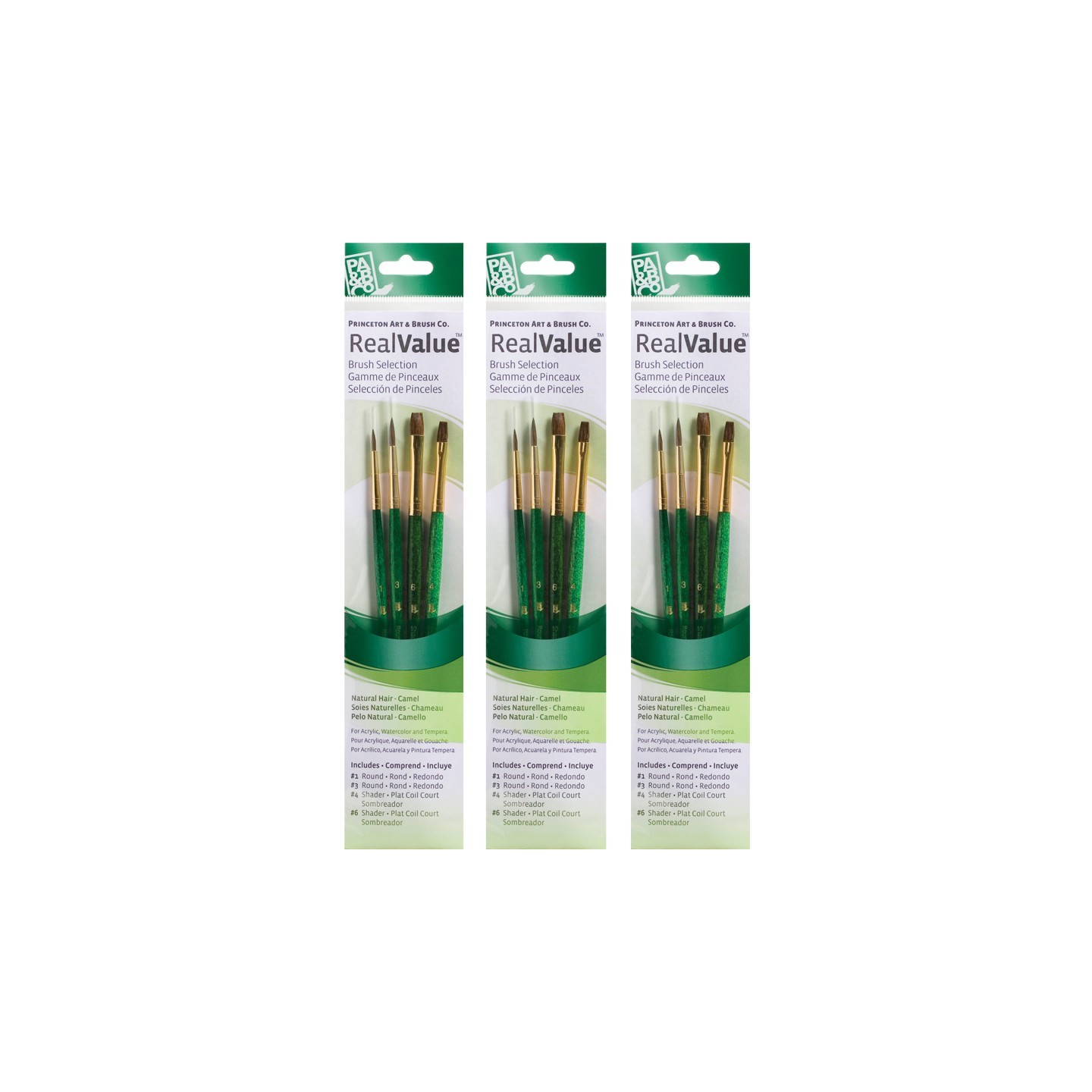 Princeton RealValue Brush Set, Camel Bristles, Short Handle Mixed Media Paintbrush, Green, 4 Per Set, 3 Sets