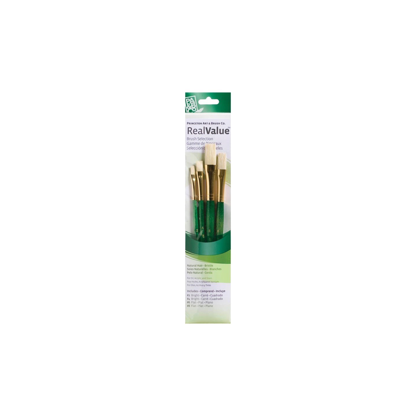 Princeton RealValue Brush Set, Natural Bristles, Short Handle Mixed Media Paintbrush, Green, 4 Pieces