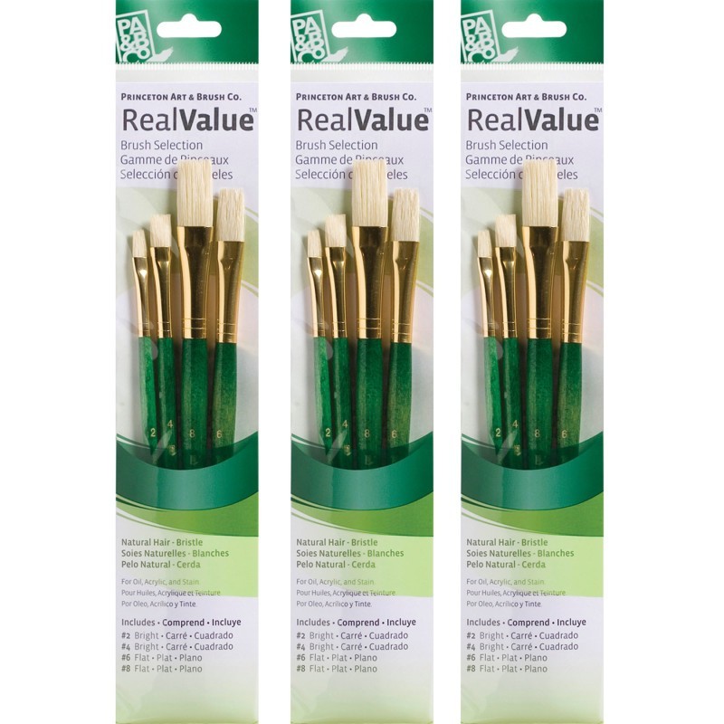 Princeton RealValue Brush Set, Natural Bristles, Short Handle Mixed Media Paintbrush, Green, 4 Per Set, 3 Sets