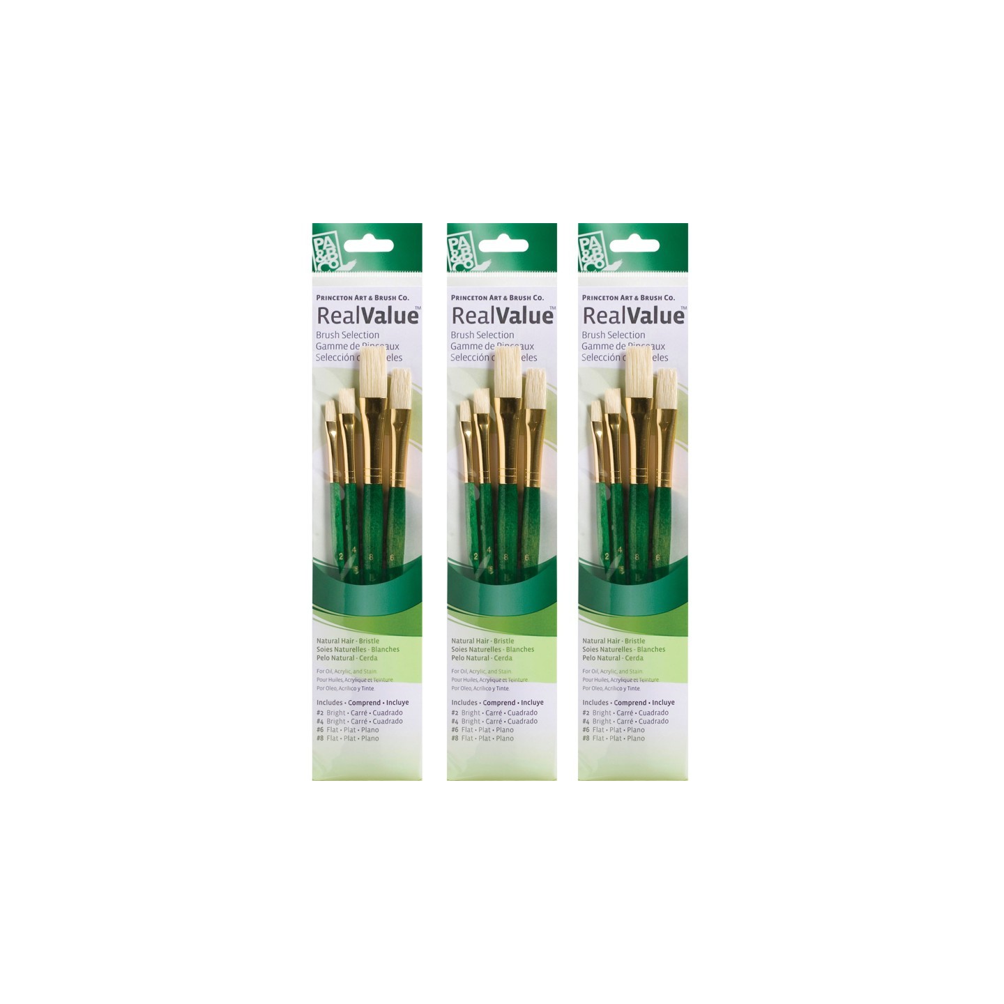 Princeton RealValue Brush Set, Natural Bristles, Short Handle Mixed Media Paintbrush, Green, 4 Per Set, 3 Sets