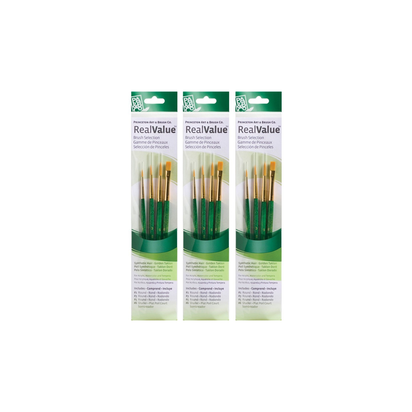 Princeton RealValue Brush Set, Gold Taklon Bristles, Short Handle Mixed Media Paintbrush, Brown, 4 Per Set, 3 Sets