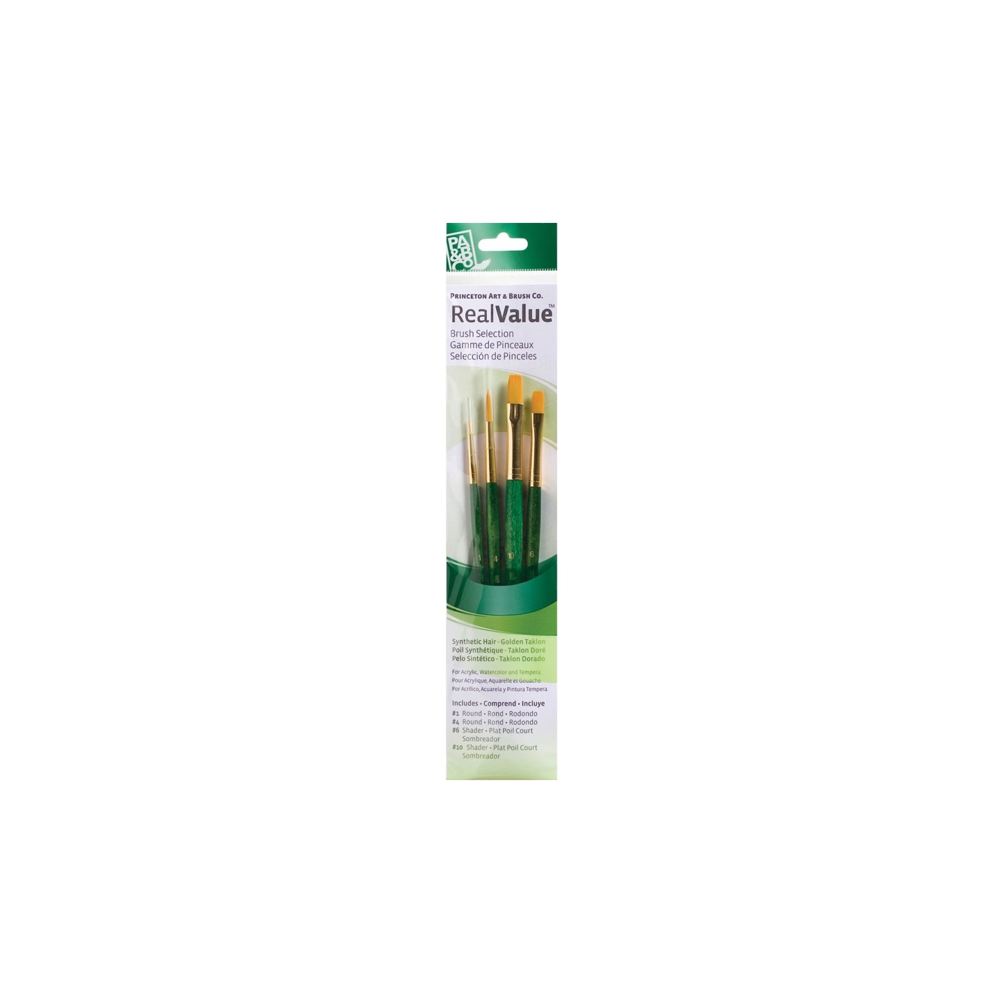 Princeton RealValue Brush Set, Gold Taklon Bristles, Short Handle Mixed Media Paintbrush, Green, 4 Pieces