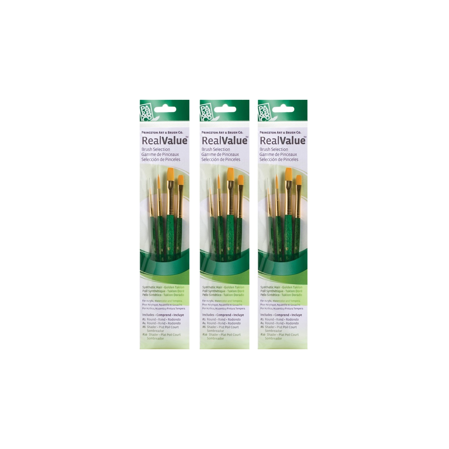 Princeton RealValue Brush Set, Gold Taklon Bristles, Short Handle Mixed Media Paintbrush, Green, 4 Per Set, 3 Sets