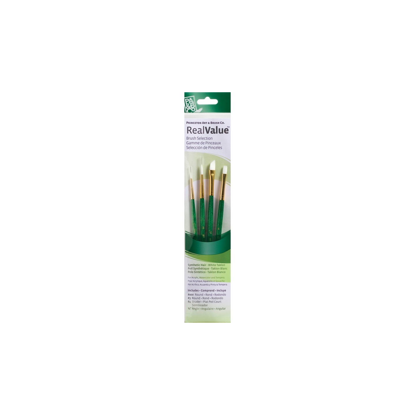 Princeton RealValue Brush Set, White Taklon Bristles, Short Handle Mixed Media Paintbrush, Green, 4 Pieces