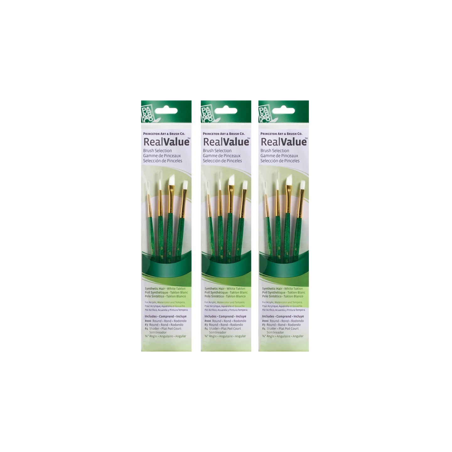 Princeton RealValue Brush Set, White Taklon Bristles, Short Handle Mixed Media Paintbrush, Green, 4 Per Set, 3 Sets