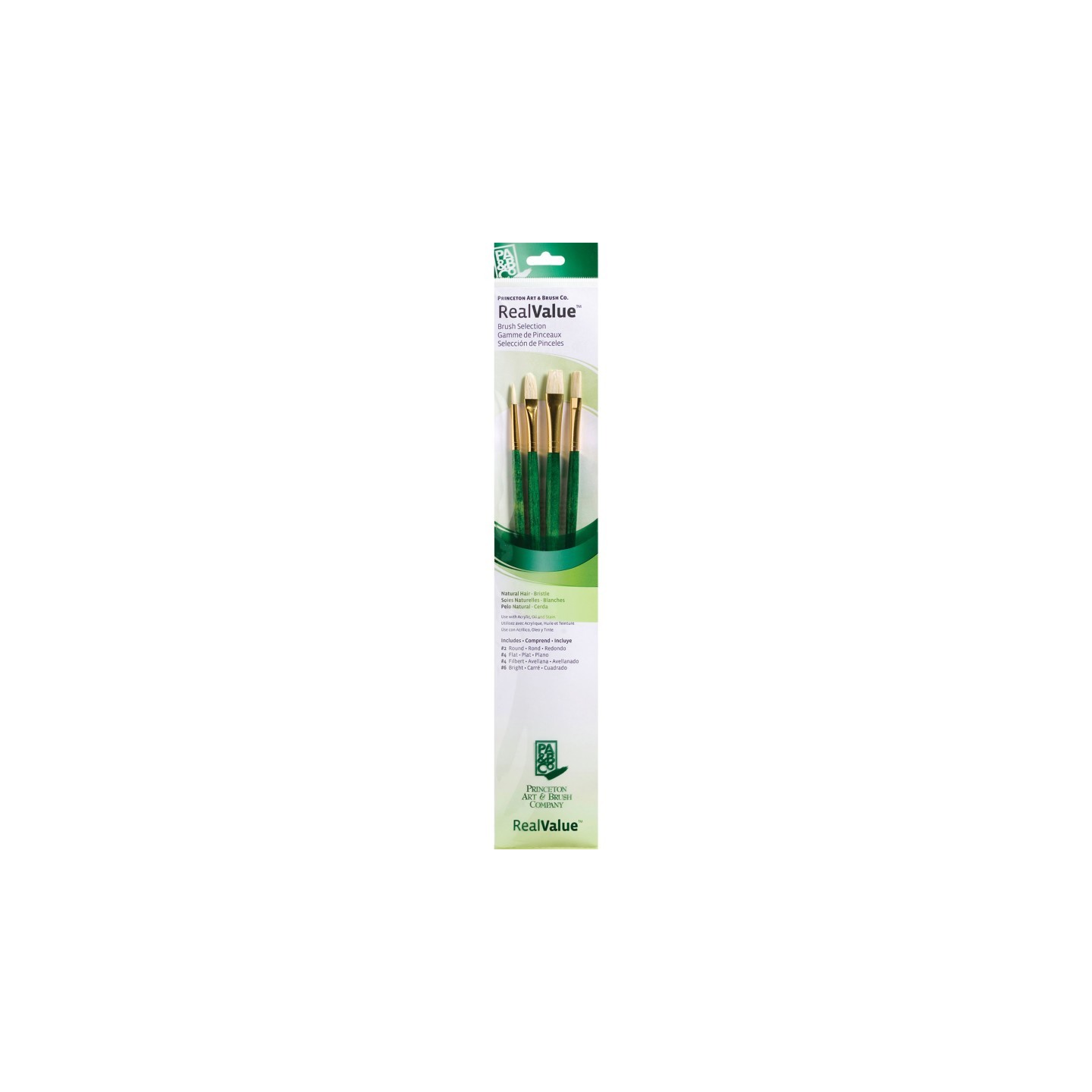 Princeton RealValue Brush Set, Natural Bristles, Long Handle Mixed Media Paintbrush, Green, 4 Pieces