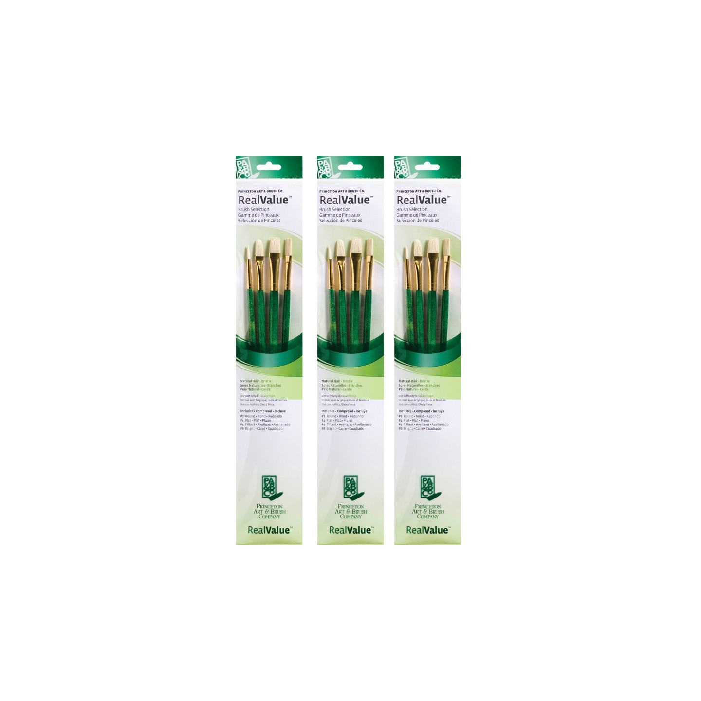 Princeton RealValue Brush Set, Natural Bristles, Long Handle Mixed Media Paintbrush, Green, 4 Per Set, 3 Sets