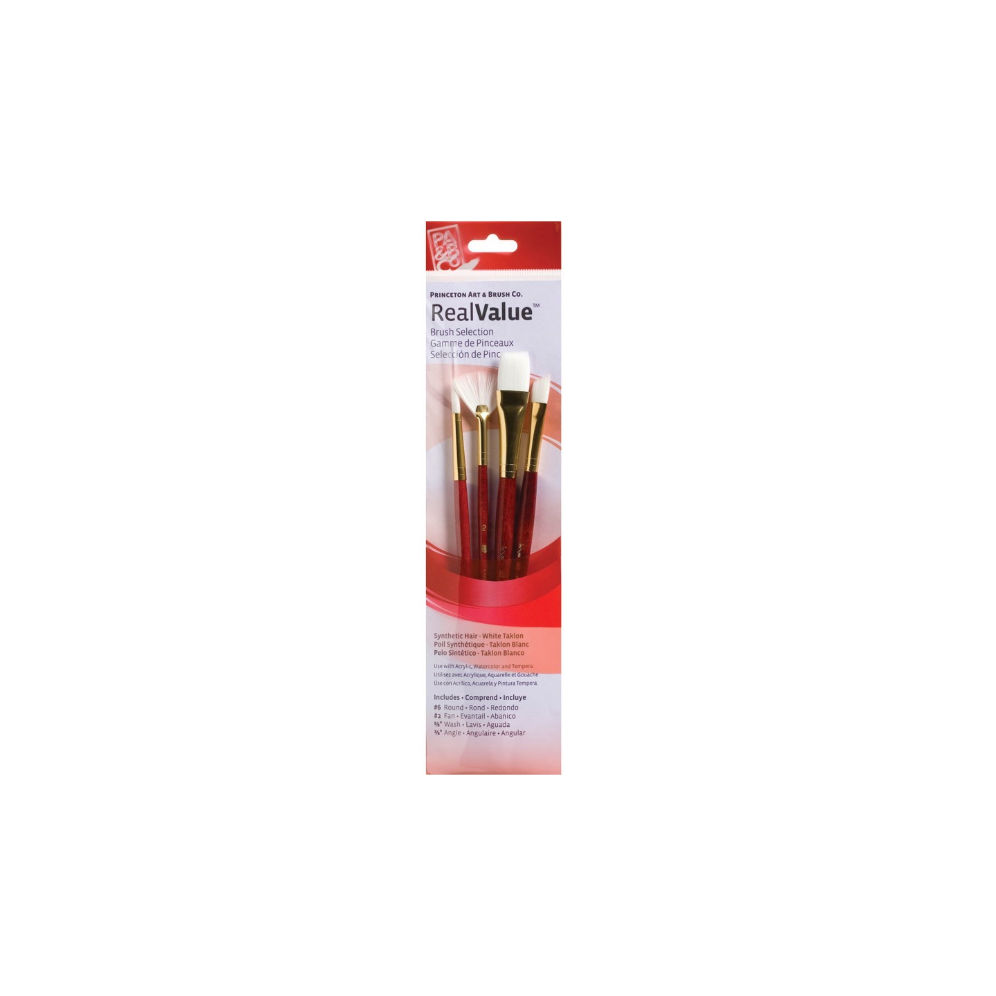 Princeton RealValue Brush Set, White Taklon Bristles, Short Handle Mixed Media Paintbrush, Red, 4 Pieces