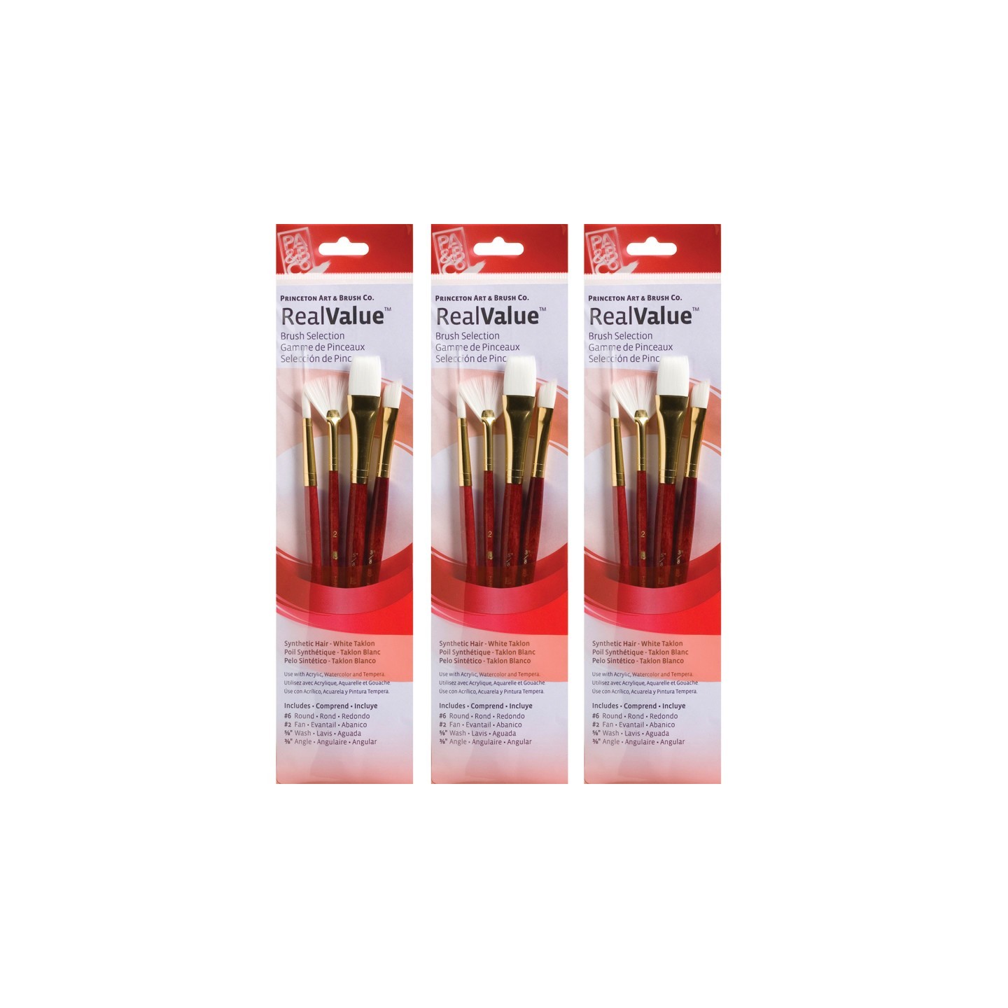 Princeton RealValue Brush Set, White Taklon Bristles, Short Handle Mixed Media Paintbrush, Red, 4 Per Set, 3 Sets