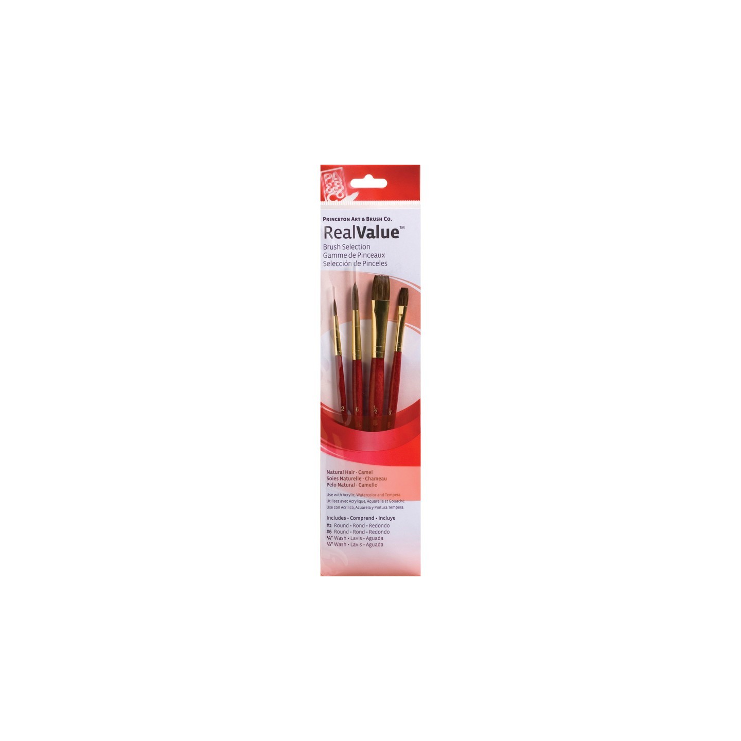 Princeton RealValue Brush Set, Camel Bristles, Short Handle Mixed Media Paintbrush, Red, 4 Pieces
