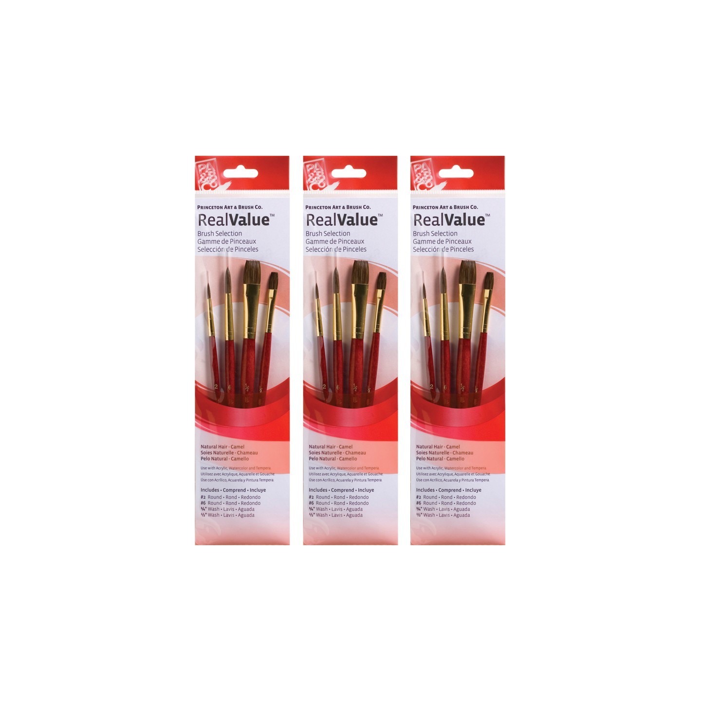 Princeton RealValue Brush Set, Camel Bristles, Short Handle Mixed Media Paintbrush, Red, 4 Per Set, 3 Sets