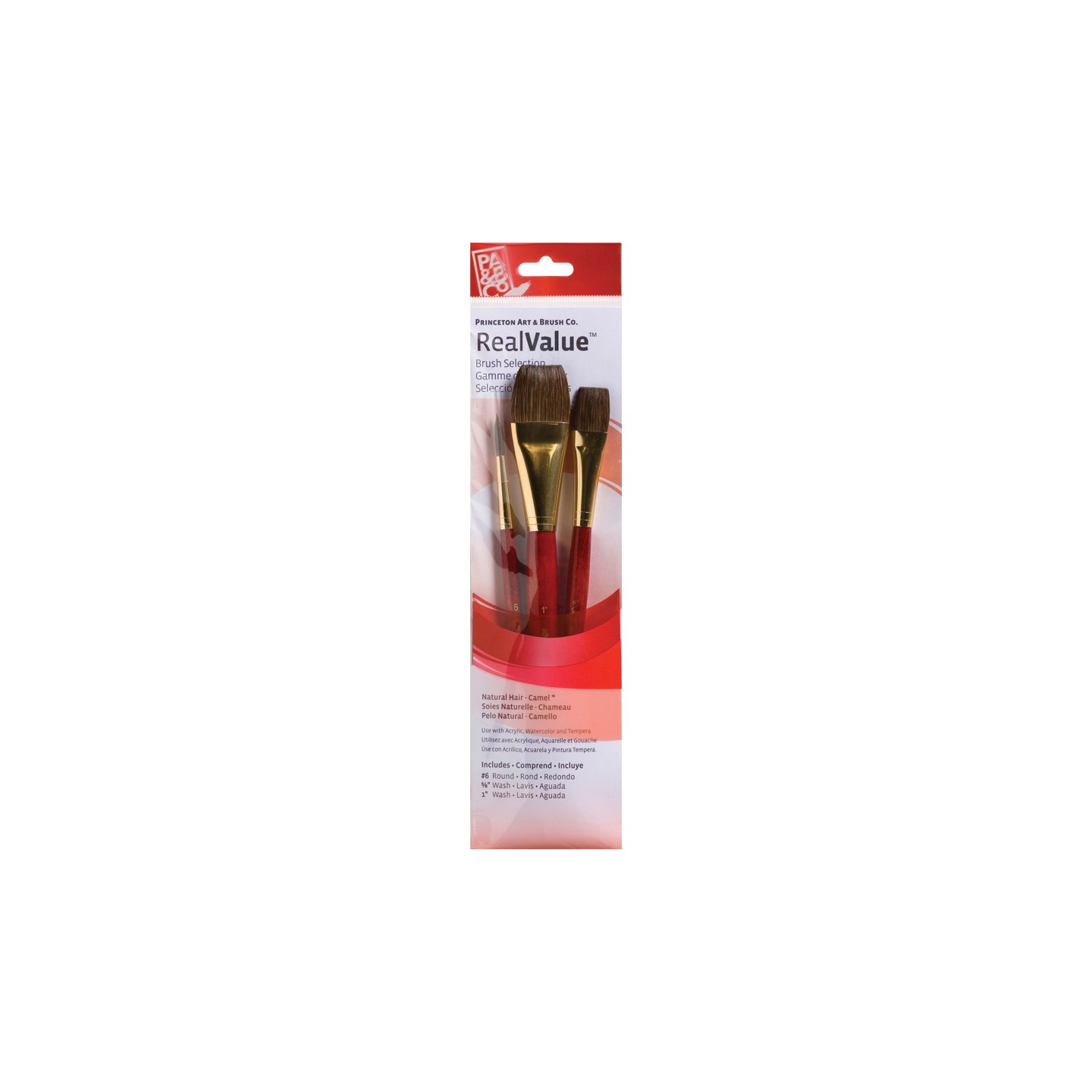 Princeton RealValue Brush Set, Camel Bristles, Short Handle Mixed Media Paintbrush, Red, 3 Pieces