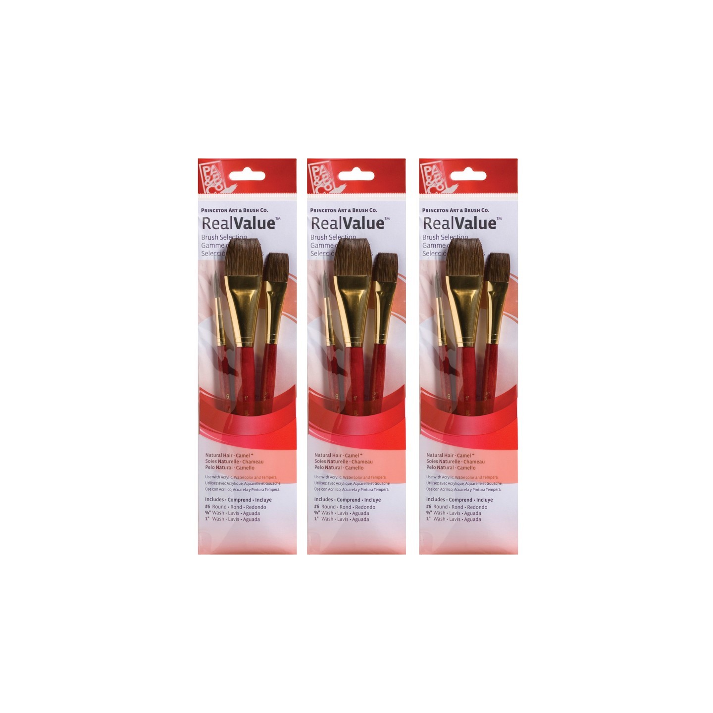 Princeton RealValue Brush Set, Camel Bristles, Short Handle Mixed Media Paintbrush, Red, 3 Per Set, 3 Sets