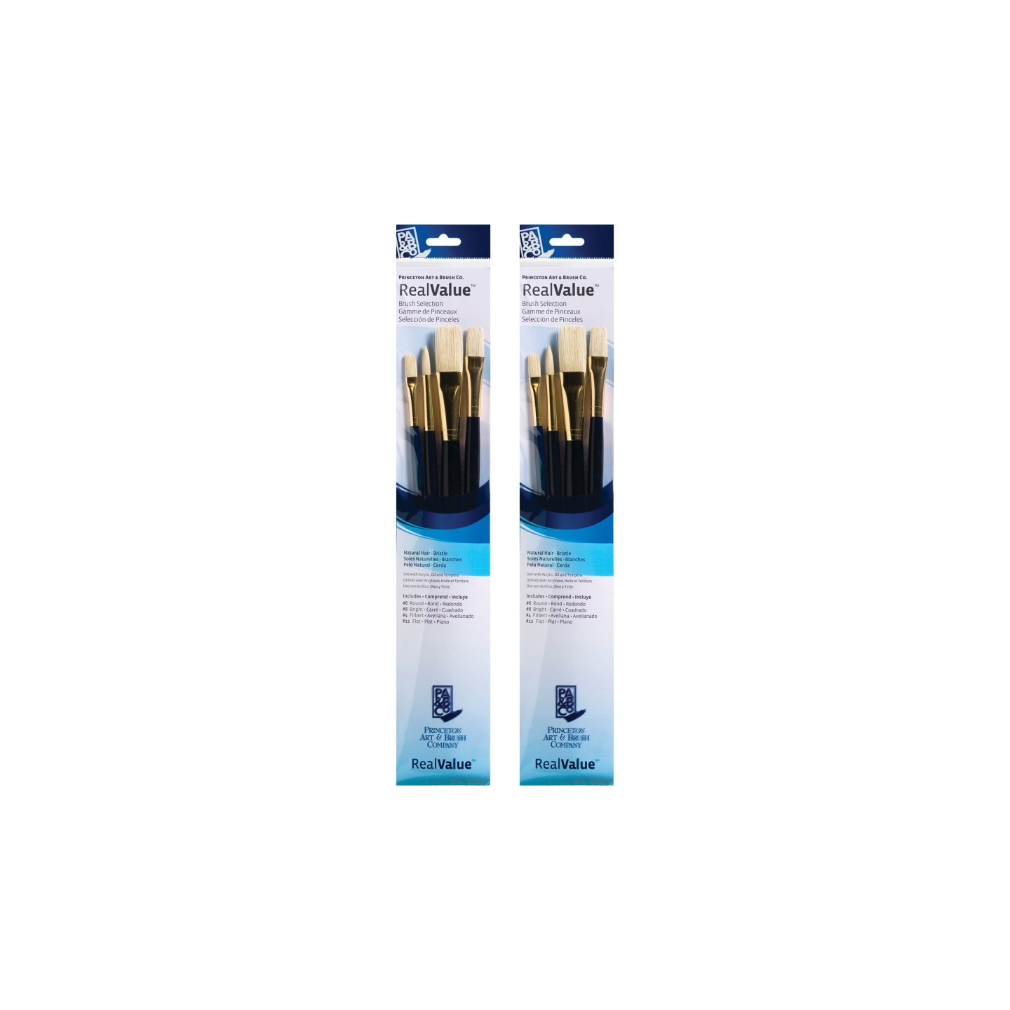 Princeton RealValue Brush Set, Natural Bristles, Long Handle Mixed Media Paintbrush, Dark Blue, 4 Per Set, 2 Sets