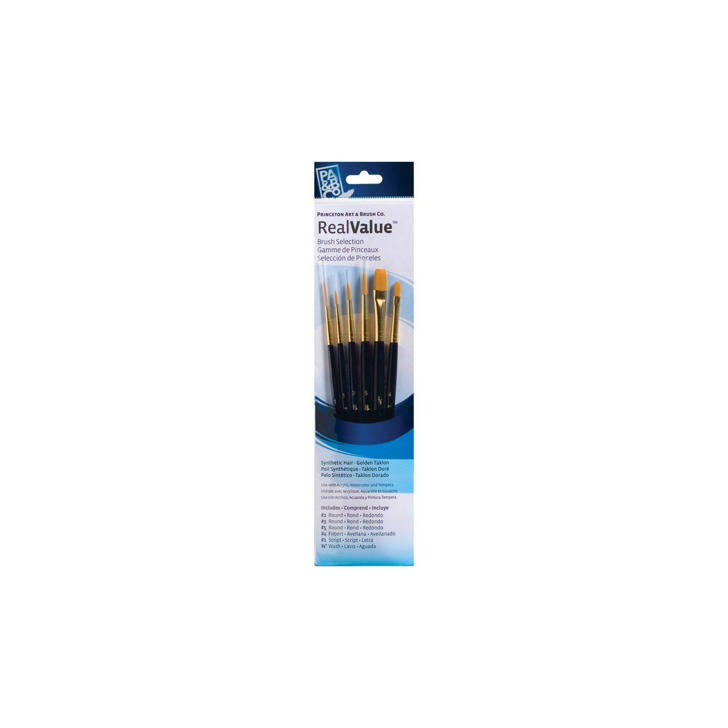 Princeton RealValue Brush Set, Gold Taklon Bristles, Short Handle Mixed Media Paintbrush, Dark Blue, 6 Pieces