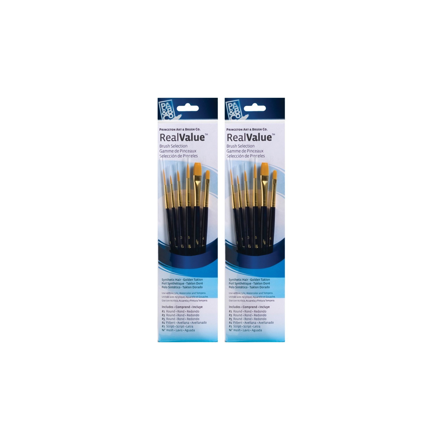 Princeton RealValue Brush Set, Gold Taklon Bristles, Short Handle Mixed Media Paintbrush, Dark Blue, 6 Per Set, 2 Sets