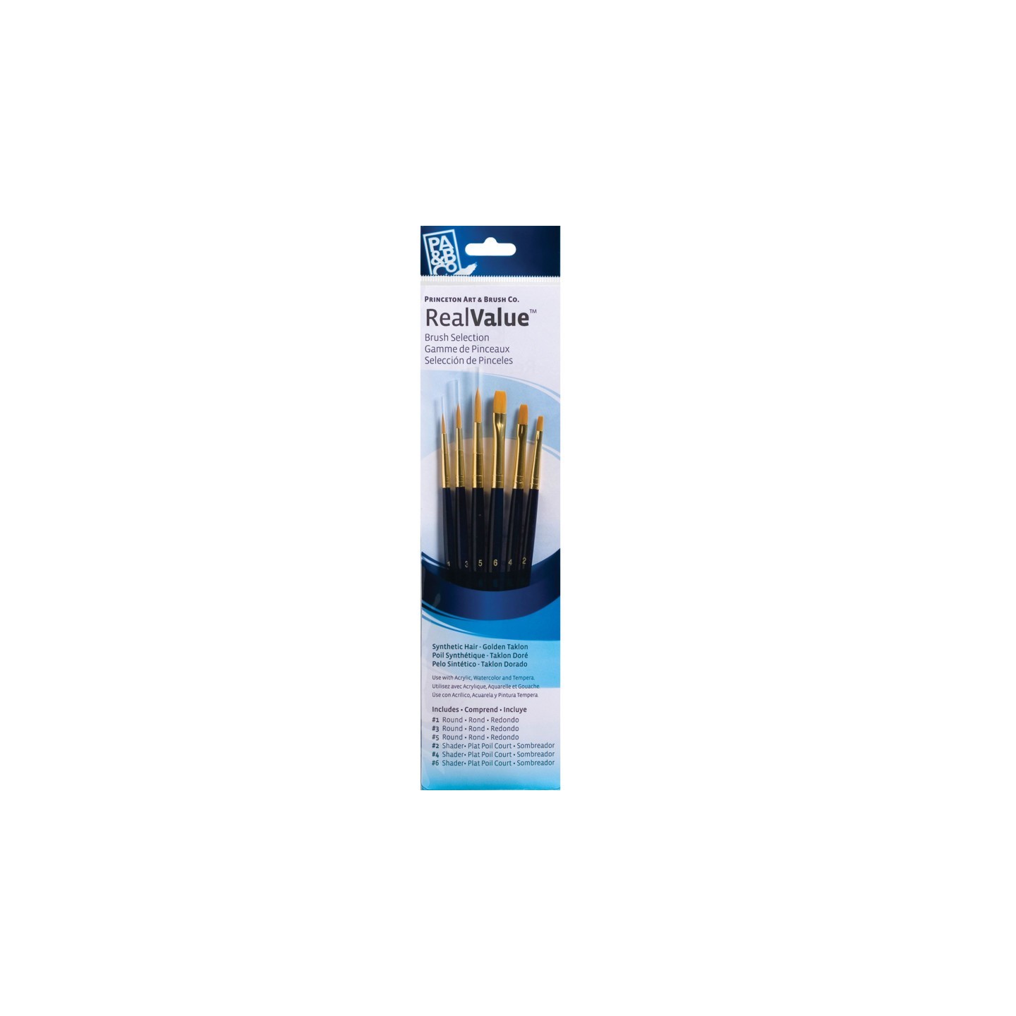 Princeton RealValue Brush Set, Gold Taklon Bristles, Short Handle Mixed Media Paintbrush, Dark Blue, 6 Pieces