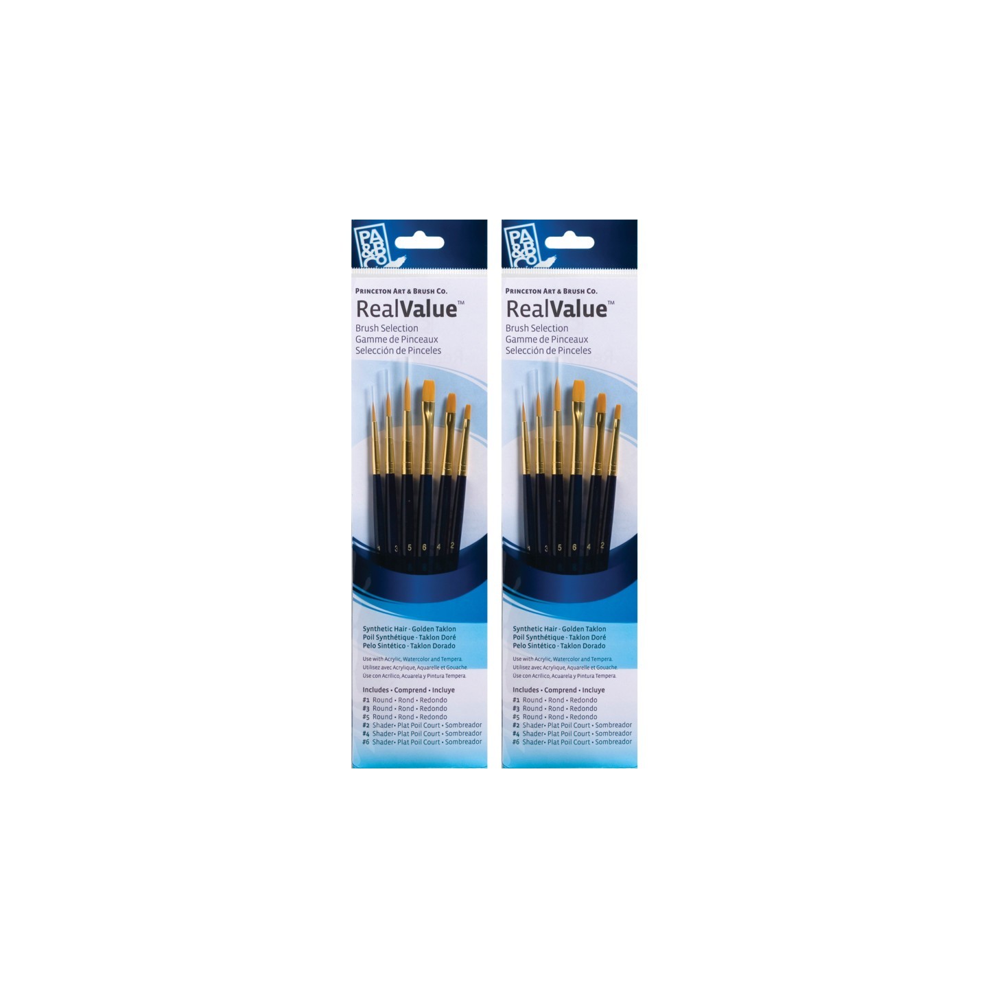 Princeton RealValue Brush Set, Gold Taklon Bristles, Short Handle Mixed Media Paintbrush, Dark Blue, 6 Per Set, 2 Sets