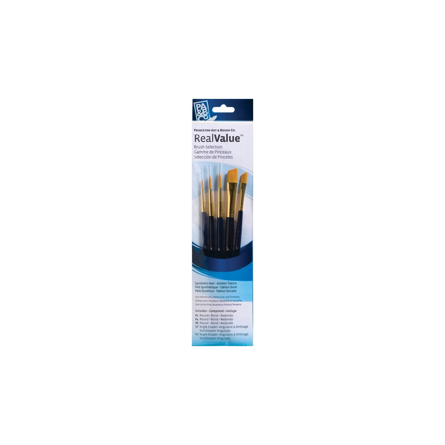 Princeton RealValue Brush Set, Gold Taklon Bristles, Short Handle Mixed Media Paintbrush, Dark Blue, 5 Pieces