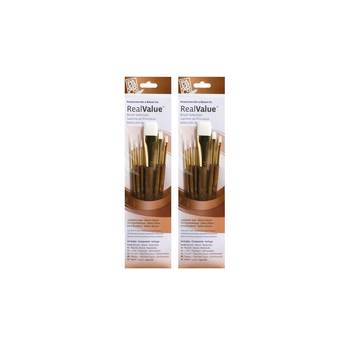Princeton RealValue Brush Set, White Taklon Bristles, Short Handle Mixed Media Paintbrush, Brown, 6 Per Set, 2 Sets