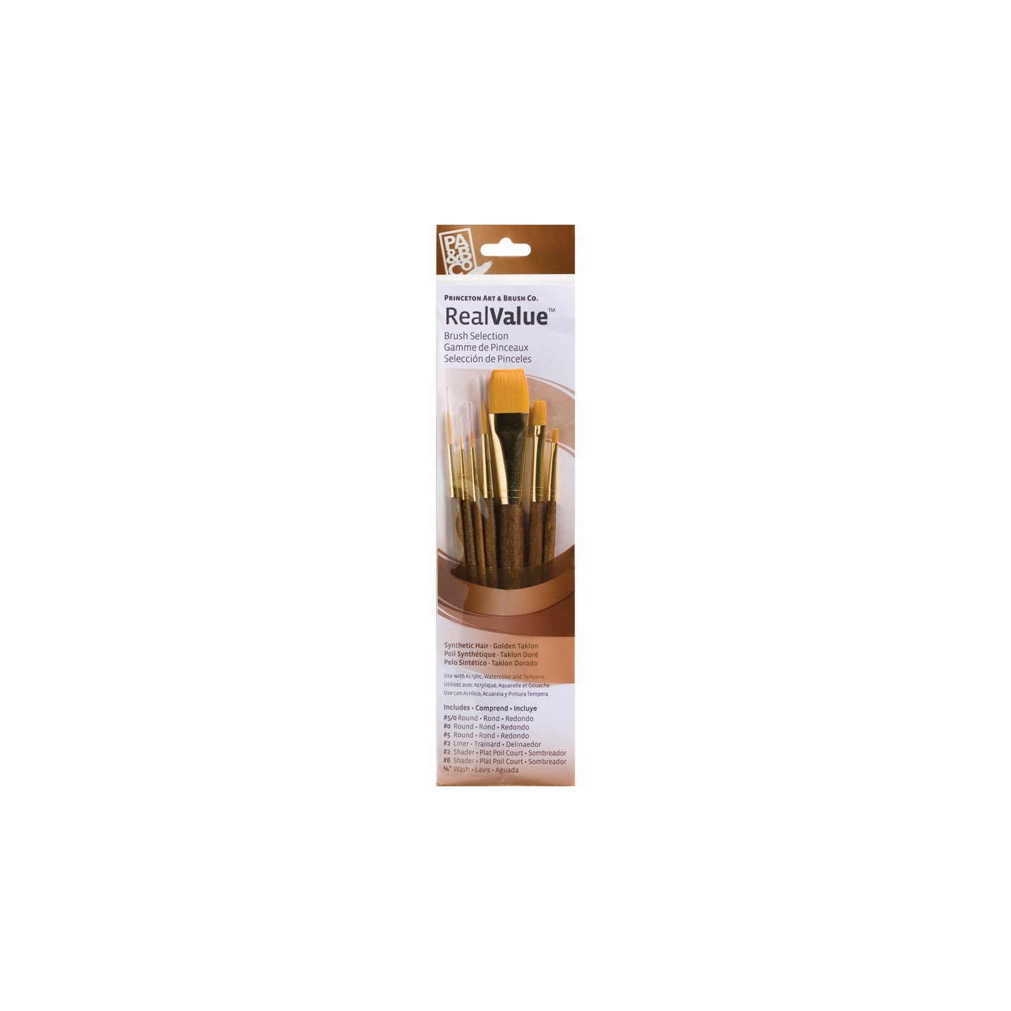 Princeton RealValue Brush Set, Gold Taklon Bristles, Short Handle Mixed Media Paintbrush, Brown, 7 Pieces