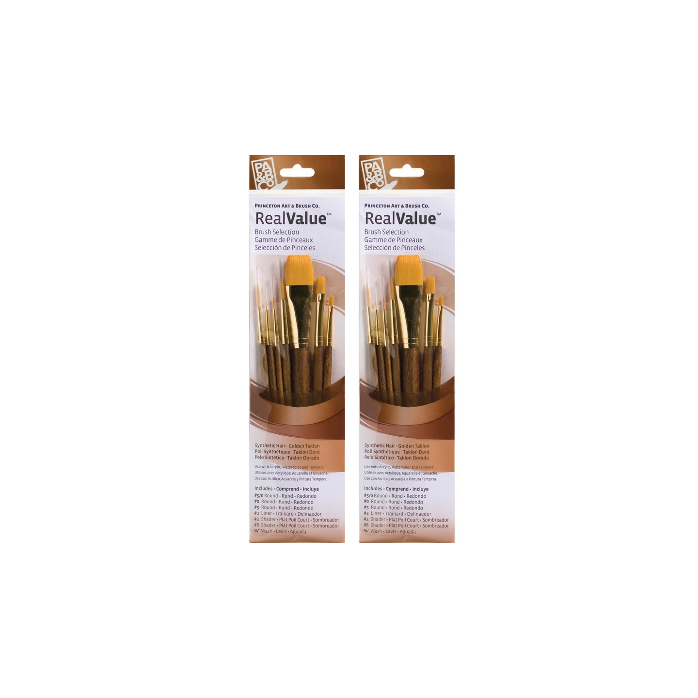 Princeton RealValue Brush Set, Gold Taklon Bristles, Short Handle Mixed Media Paintbrush, Brown, 7 Per Set, 2 Sets