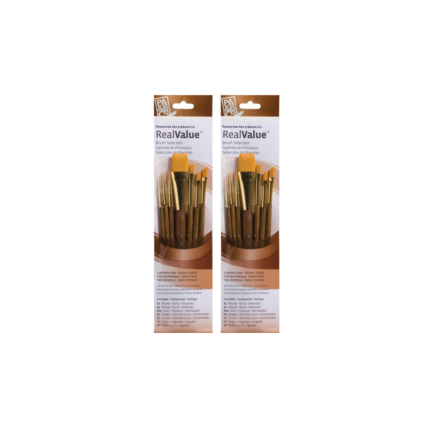 Princeton RealValue Brush Set, Gold Taklon Bristles, Short Handle Mixed Media Paintbrush, Brown, 7 Per Set, 2 Sets