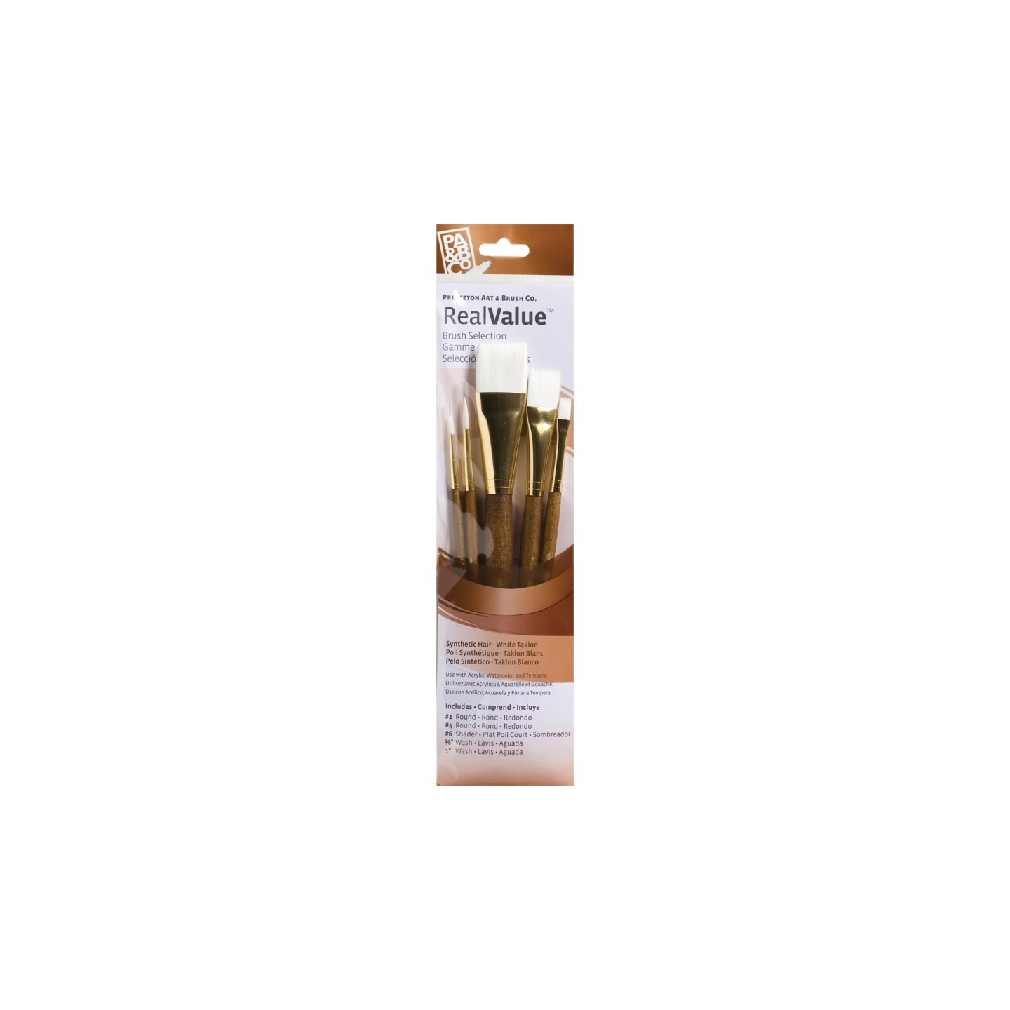 Princeton RealValue Brush Set, White Taklon Bristles, Short Handle Mixed Media Paintbrush, Brown, 5 Pieces