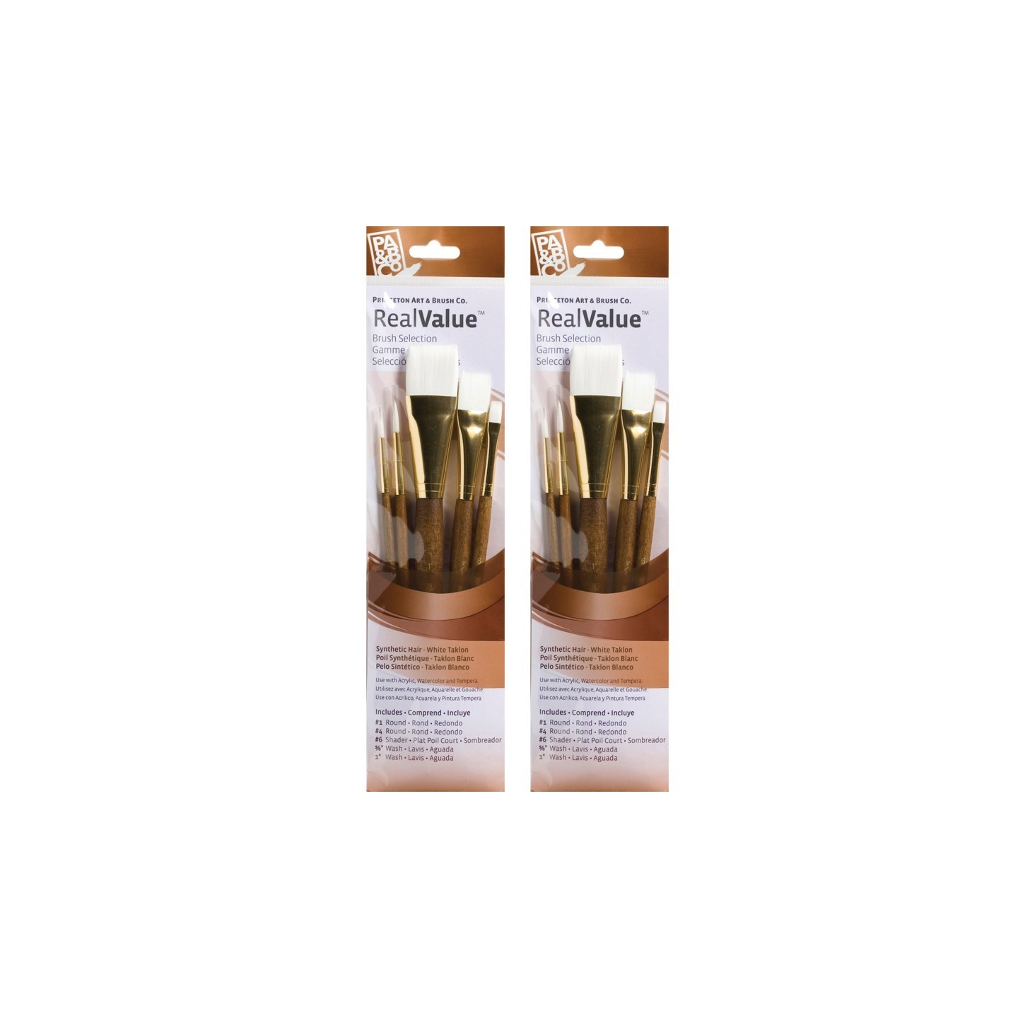 Princeton RealValue Brush Set, White Taklon Bristles, Short Handle Mixed Media Paintbrush, Brown, 5 Per Set, 2 Sets
