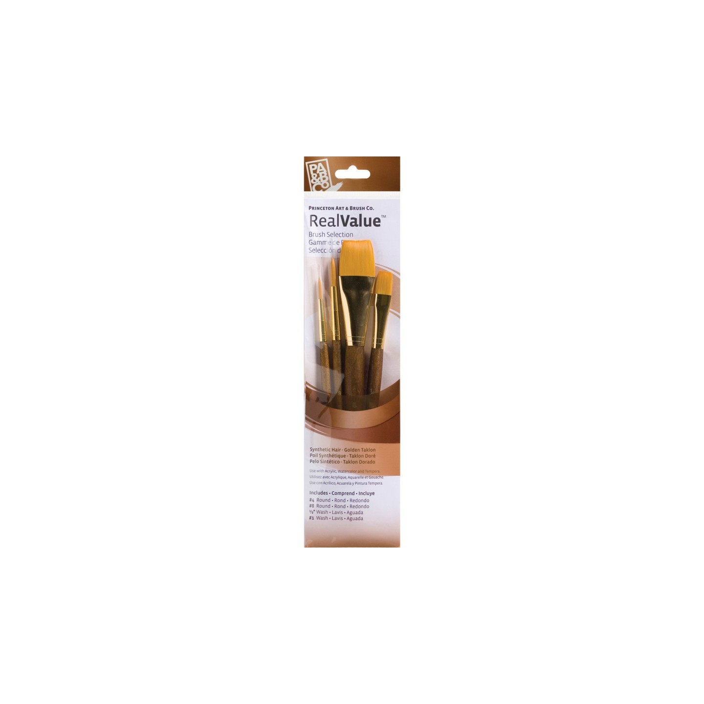 Princeton RealValue Brush Set, Gold Taklon Bristles, Short Handle Mixed Media Paintbrush, Brown, 4 Pieces