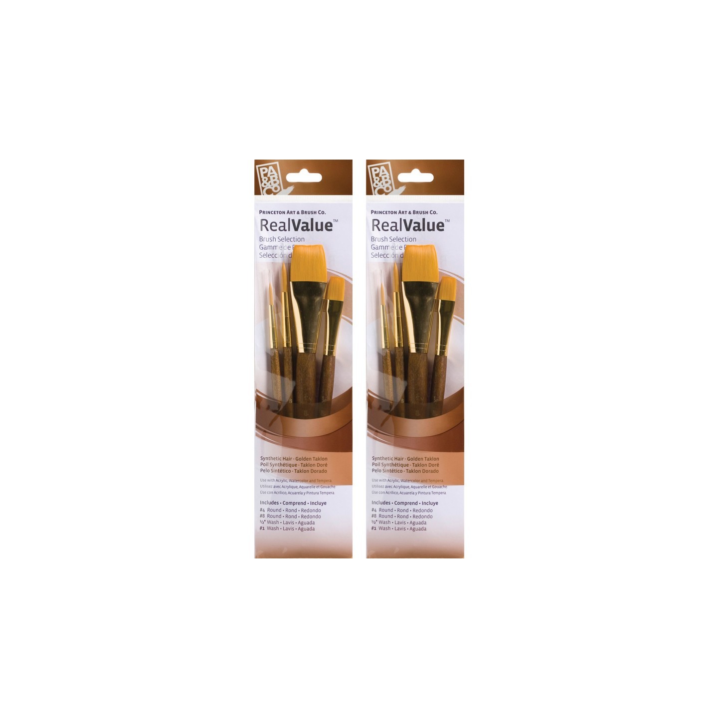 Princeton RealValue Brush Set, Gold Taklon Bristles, Short Handle Mixed Media Paintbrush, Brown, 4 Per Set, 2 Sets