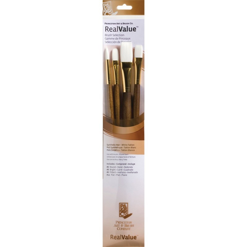 Princeton RealValue Brush Set, White Taklon Bristles, Long Handle Mixed Media Paintbrush, Brown, 4 Pieces