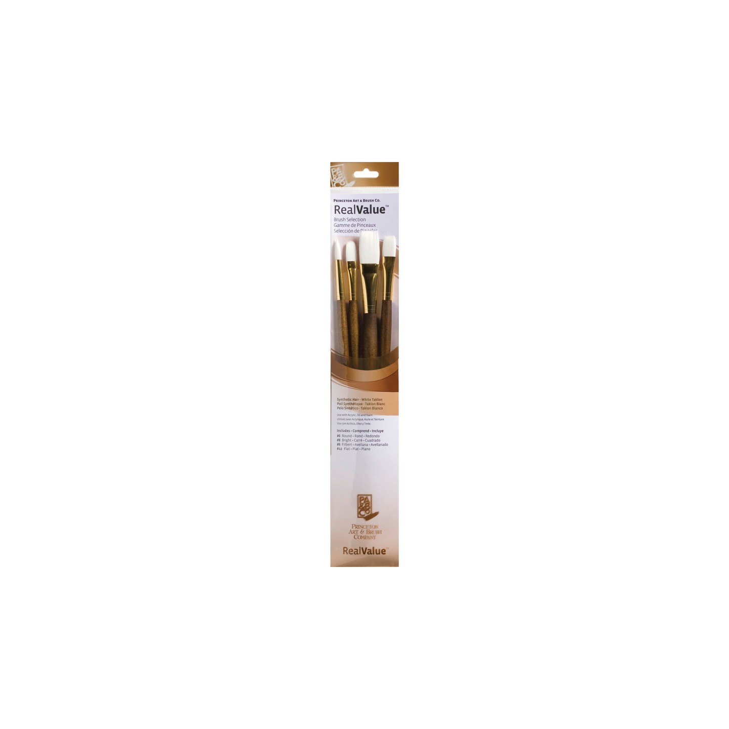 Princeton RealValue Brush Set, White Taklon Bristles, Long Handle Mixed Media Paintbrush, Brown, 4 Pieces
