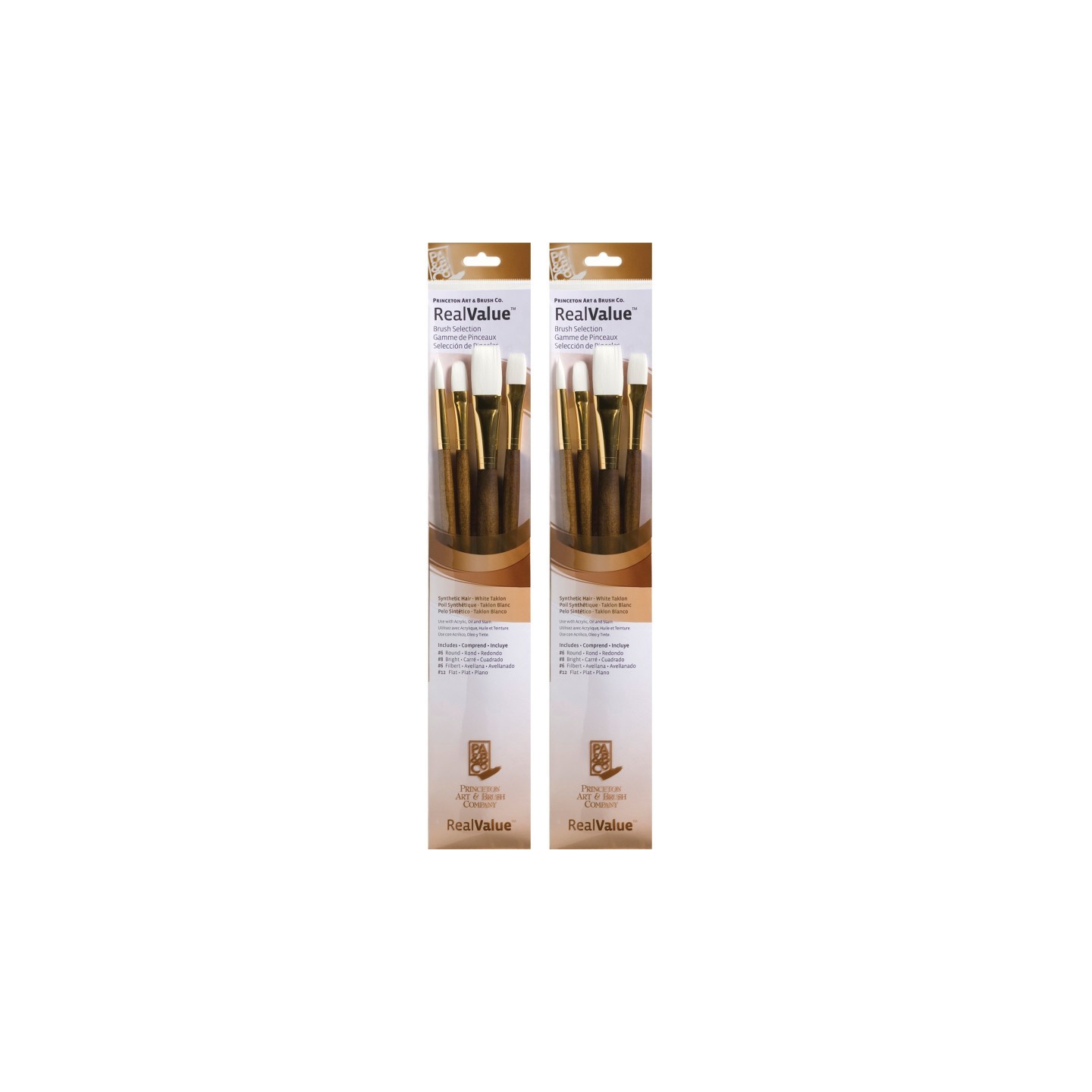 Princeton RealValue Brush Set, White Taklon Bristles, Long Handle Mixed Media Paintbrush, Brown, 4 Per Set, 2 Sets