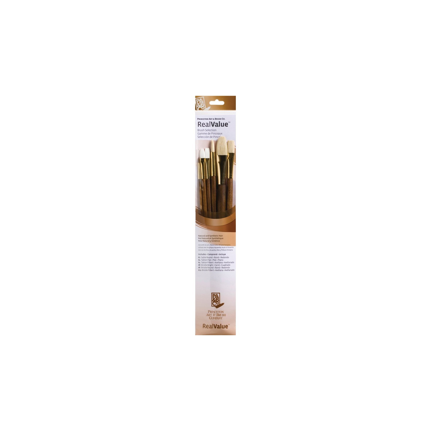 Princeton RealValue Brush Set, Natural Bristles, Long Handle Mixed Media Paintbrush, Brown, 6 Pieces