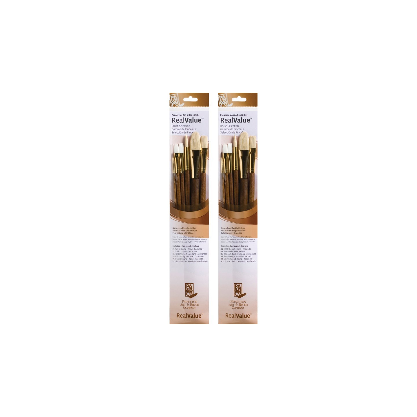 Princeton RealValue Brush Set, Natural Bristles, Long Handle Mixed Media Paintbrush, Brown, 6 Per Set, 2 Sets