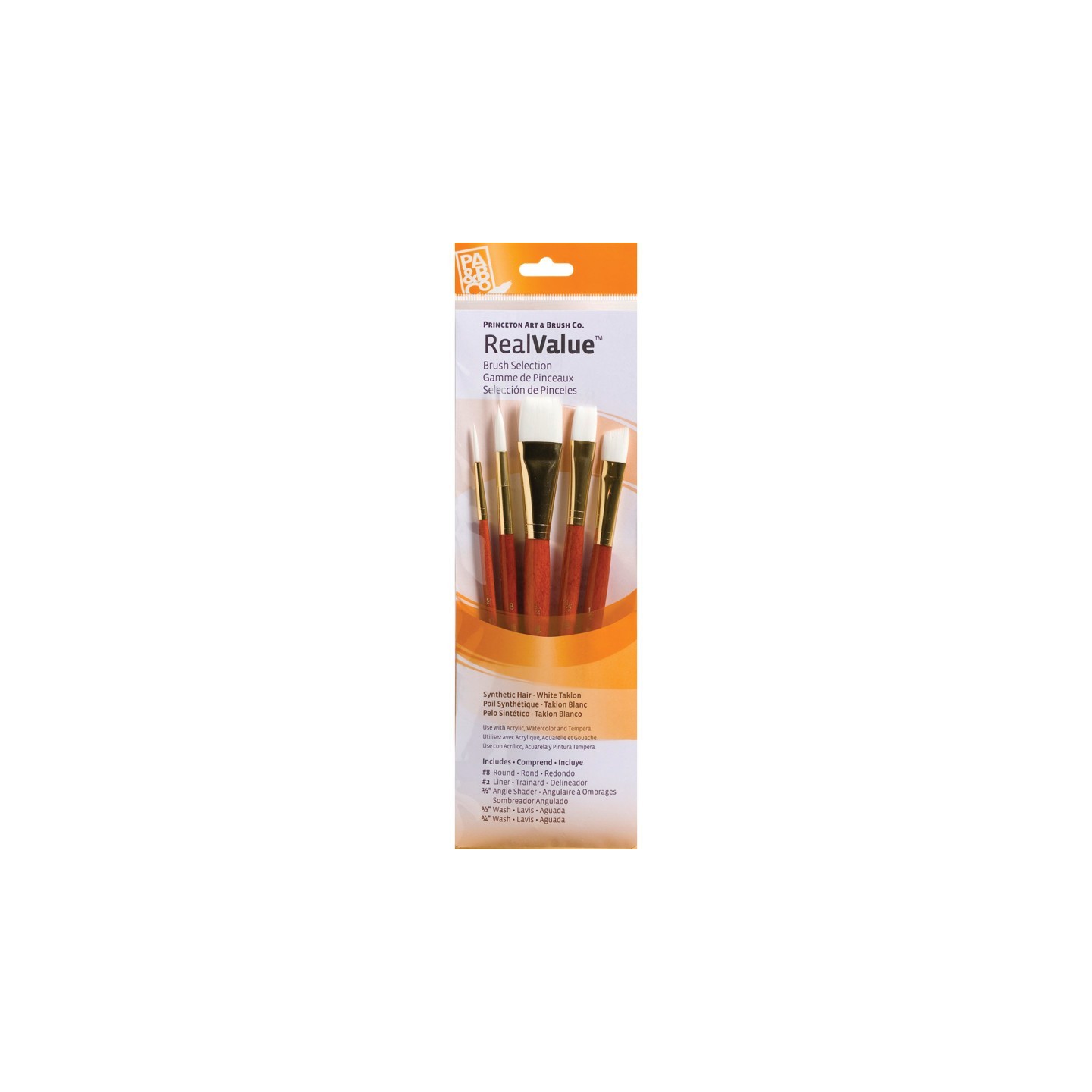 Princeton RealValue Brush Set, White Taklon Bristles, Short Handle Mixed Media Paintbrush, Orange, 5 Pieces