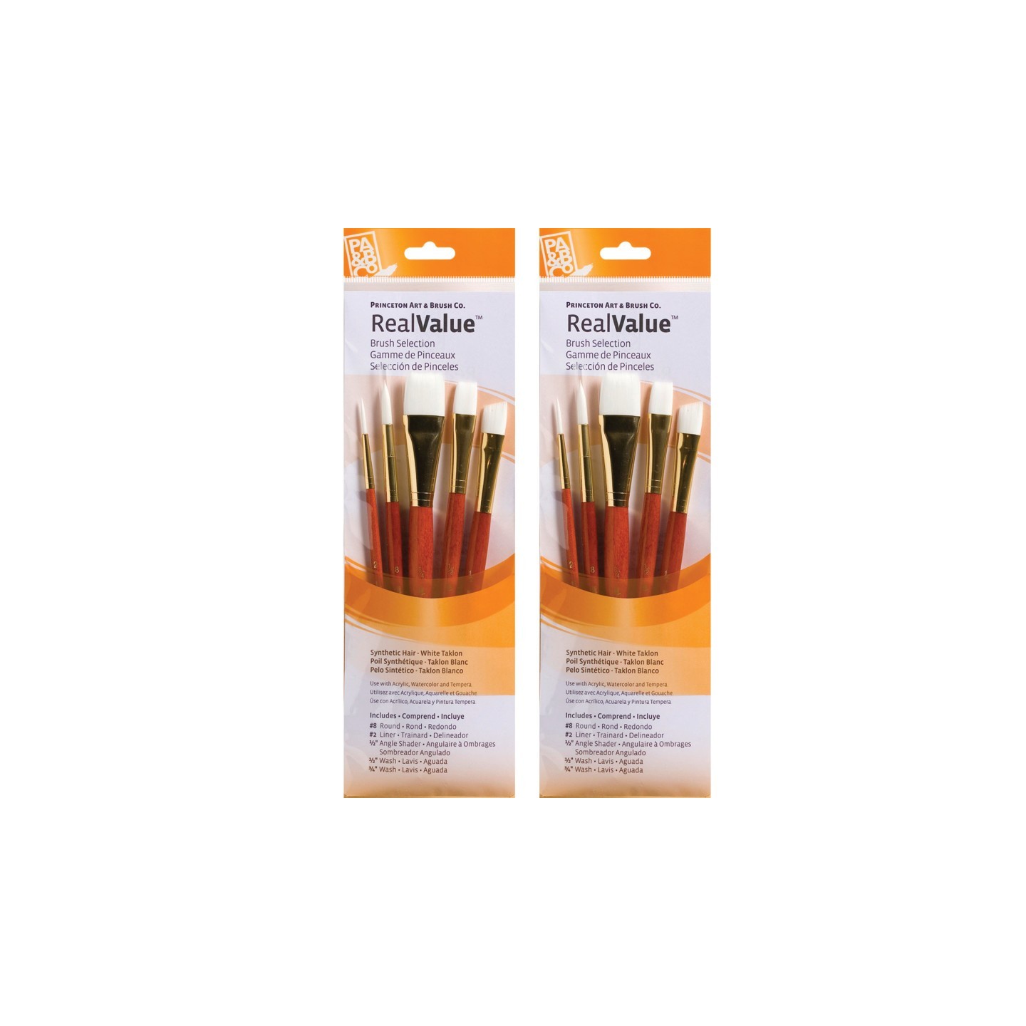 Princeton RealValue Brush Set, White Taklon Bristles, Short Handle Mixed Media Paintbrush, Orange, 5 Per Set, 2 Sets