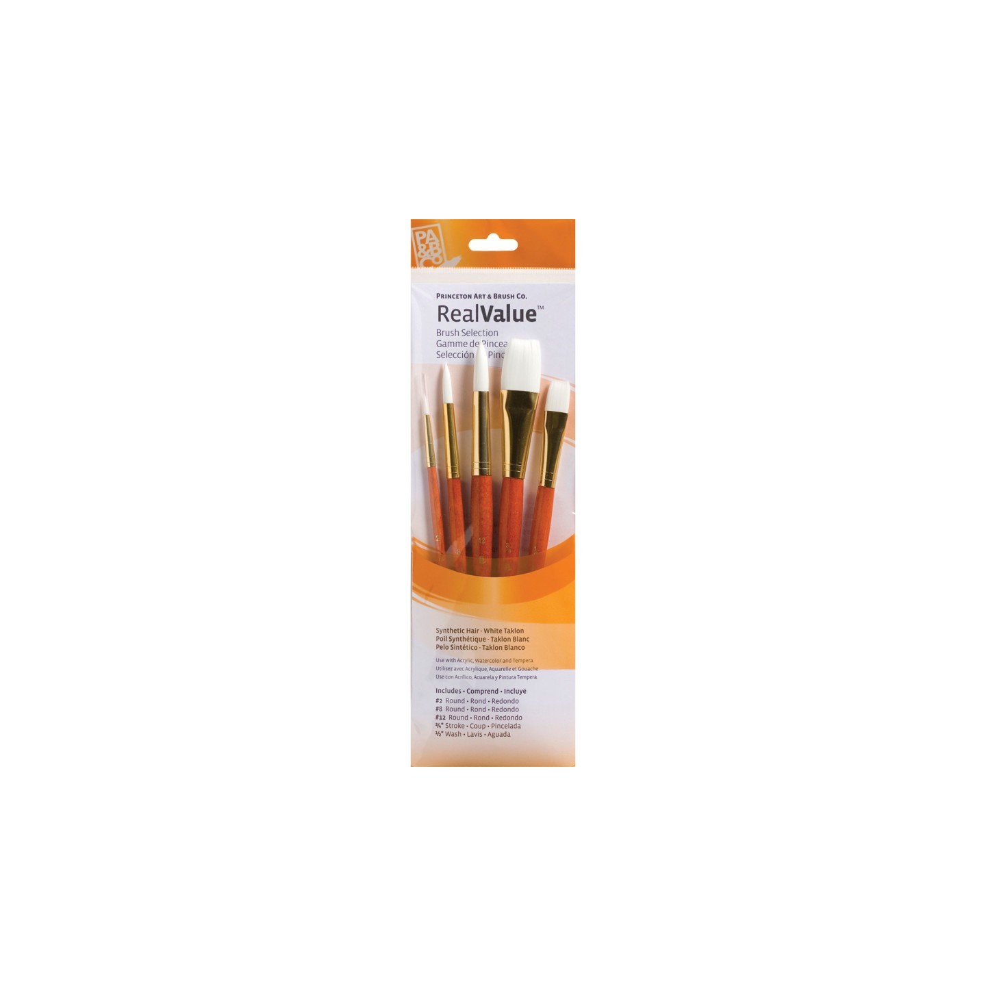 Princeton RealValue Brush Set, White Taklon Bristles, Short Handle Mixed Media Paintbrush, Orange, 5 Pieces