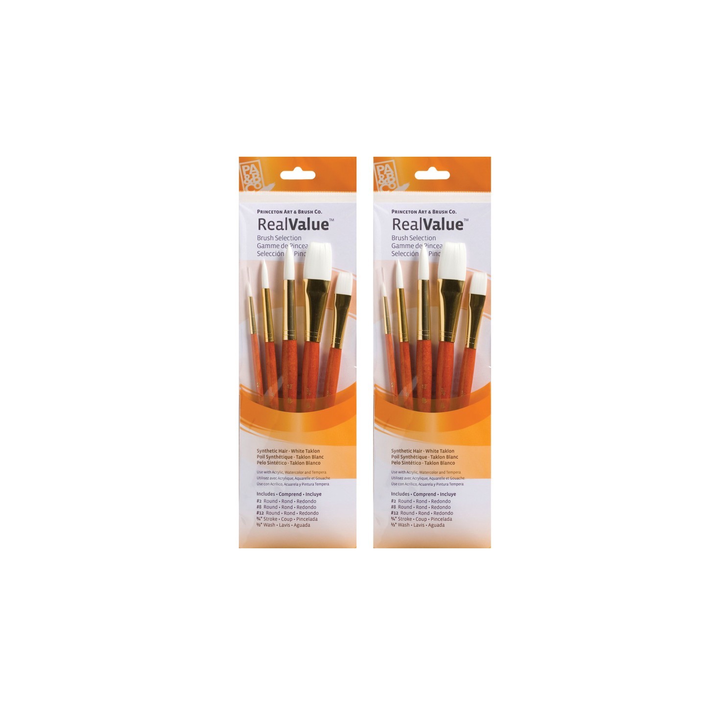 Princeton RealValue Brush Set, White Taklon Bristles, Short Handle Mixed Media Paintbrush, Orange, 5 Per Set, 2 Sets
