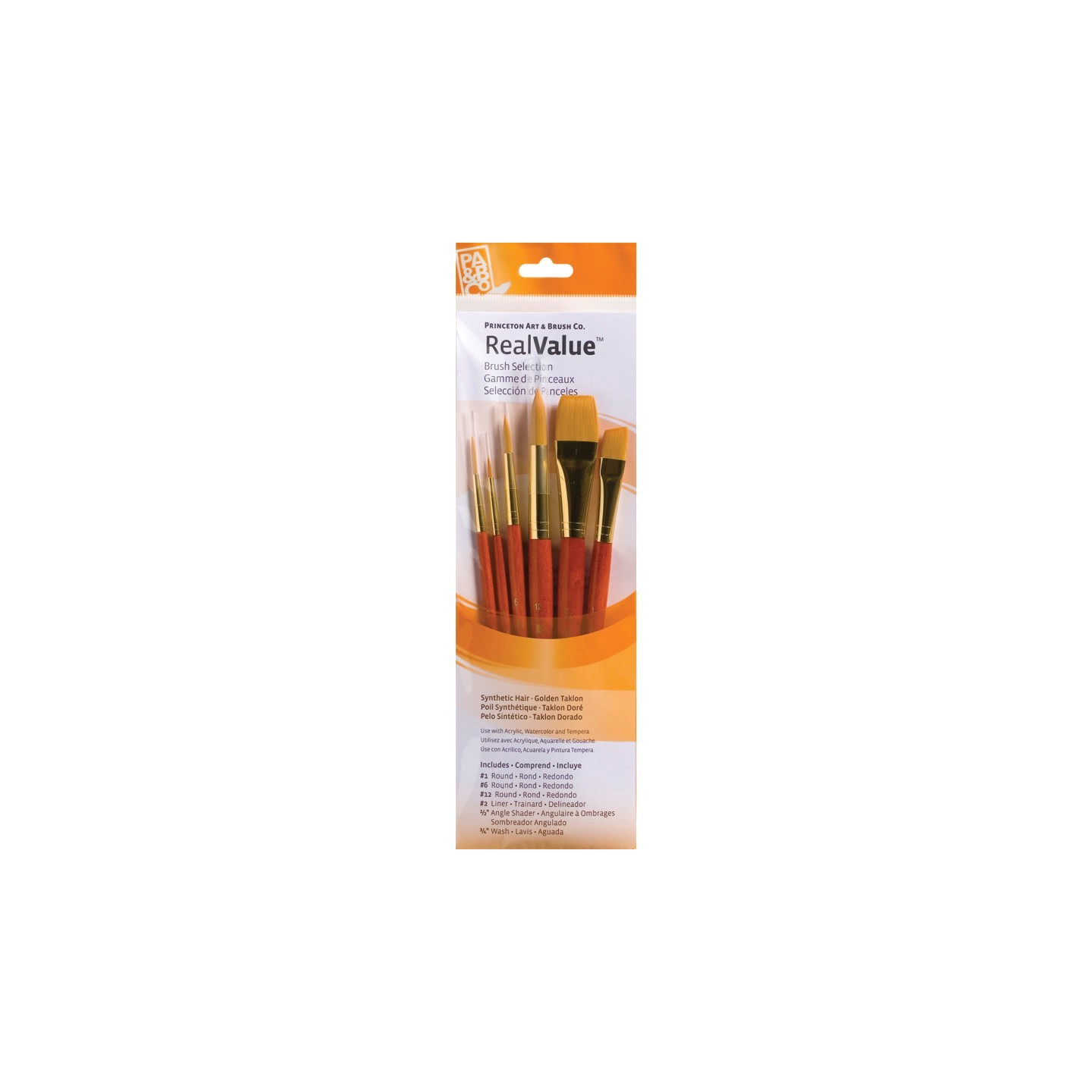 Princeton RealValue Brush Set, Gold Taklon Bristles, Short Handle Mixed Media Paintbrush, Orange, 6 Pieces