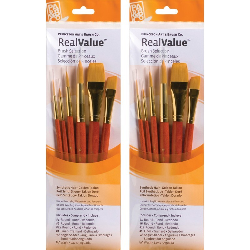 Princeton RealValue Brush Set, Gold Taklon Bristles, Short Handle Mixed Media Paintbrush, Orange, 6 Per Set, 2 Sets