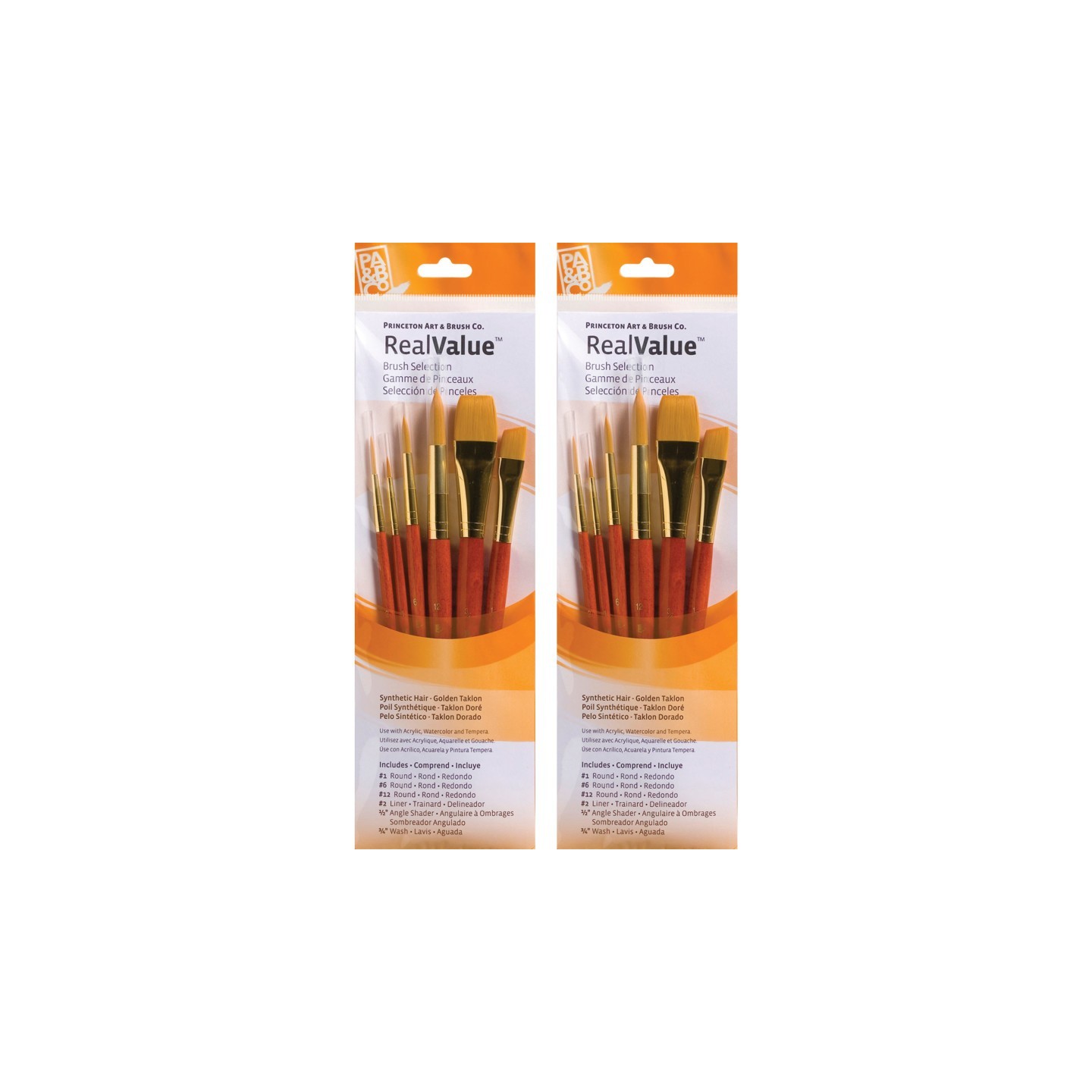 Princeton RealValue Brush Set, Gold Taklon Bristles, Short Handle Mixed Media Paintbrush, Orange, 6 Per Set, 2 Sets