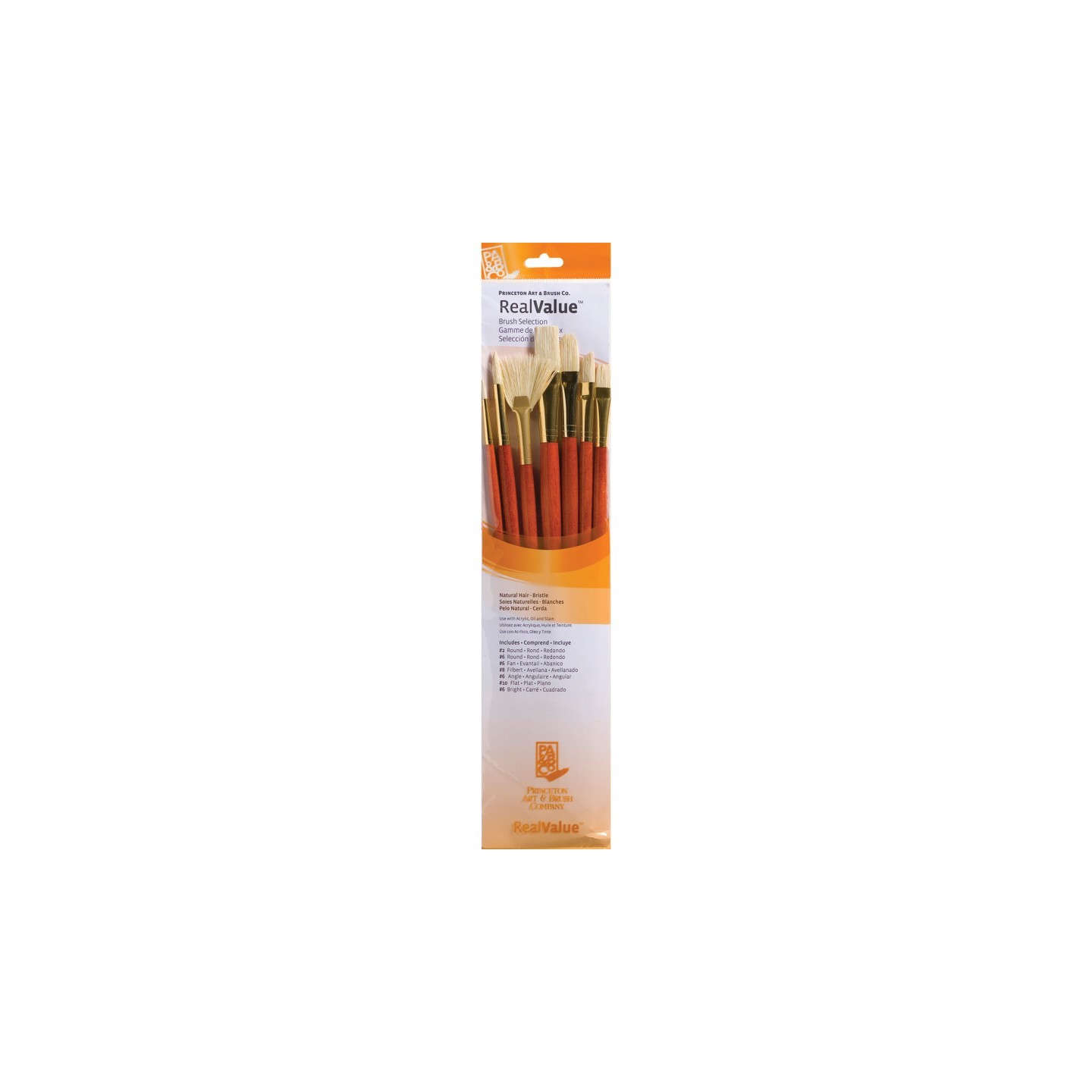 Princeton RealValue Brush Set, Natural Bristles, Long Handle Mixed Media Paintbrush, Orange, 7 Pieces