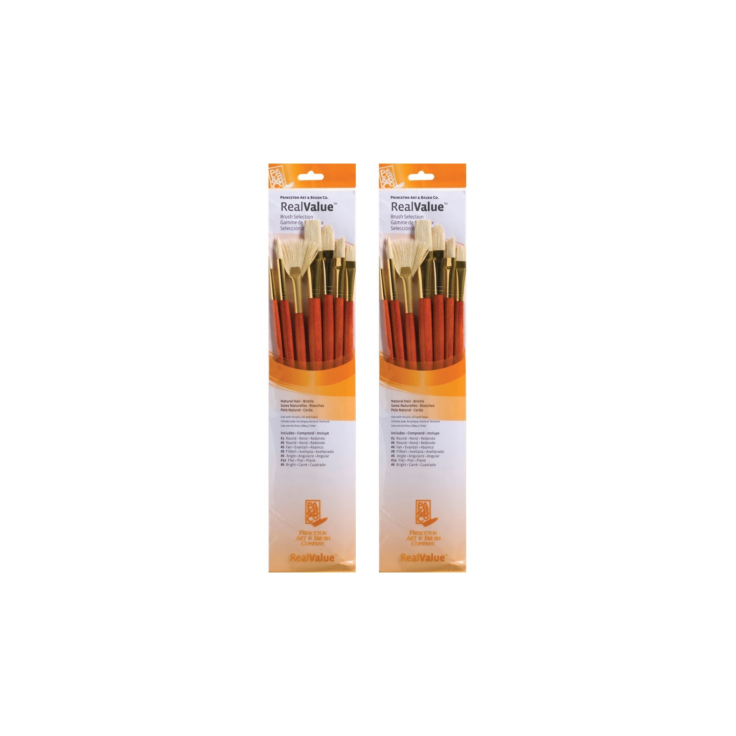 Princeton RealValue Brush Set, Natural Bristles, Long Handle Mixed Media Paintbrush, Orange, 7 Per Set, 2 Sets